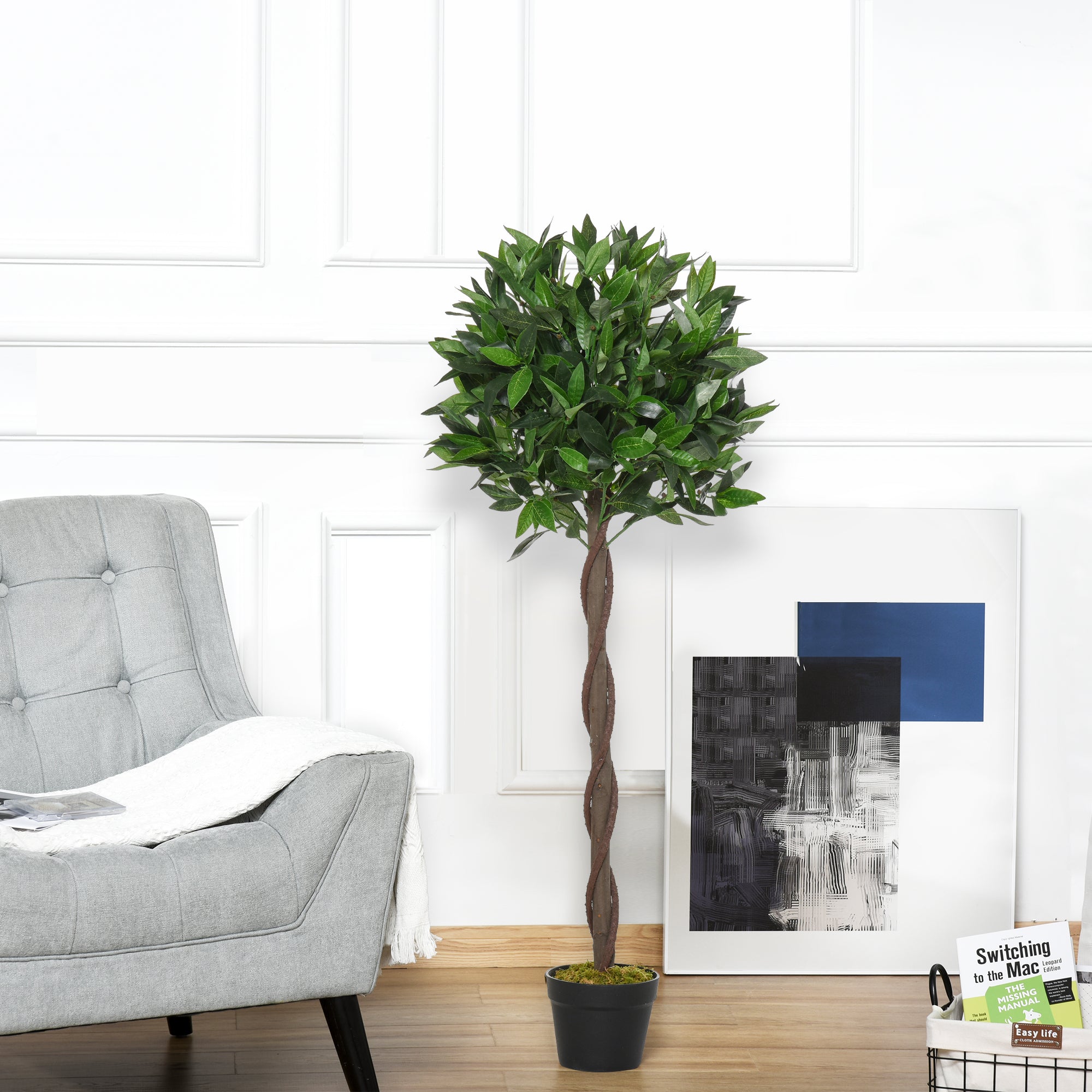 EASYCOMFORT Set of 2 Laurel Trees in Pots, Fake Plants in Plastic Height 120cm for Indoors and Outdoors