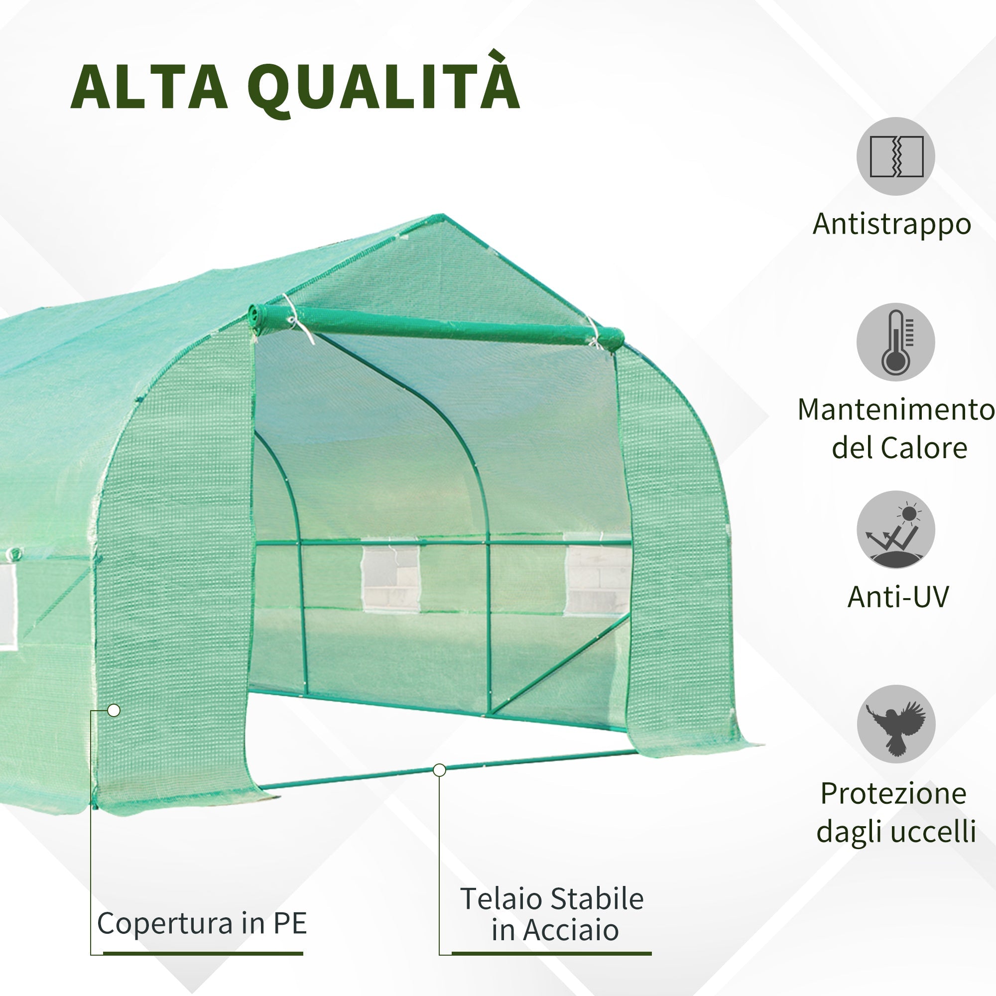 EASYCOMFORT Tunnel Garden Greenhouse 6x3x2m with PE Pitched Roof, Green