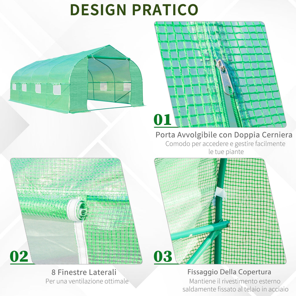EASYCOMFORT Tunnel Garden Greenhouse 6x3x2m with PE Pitched Roof, Green