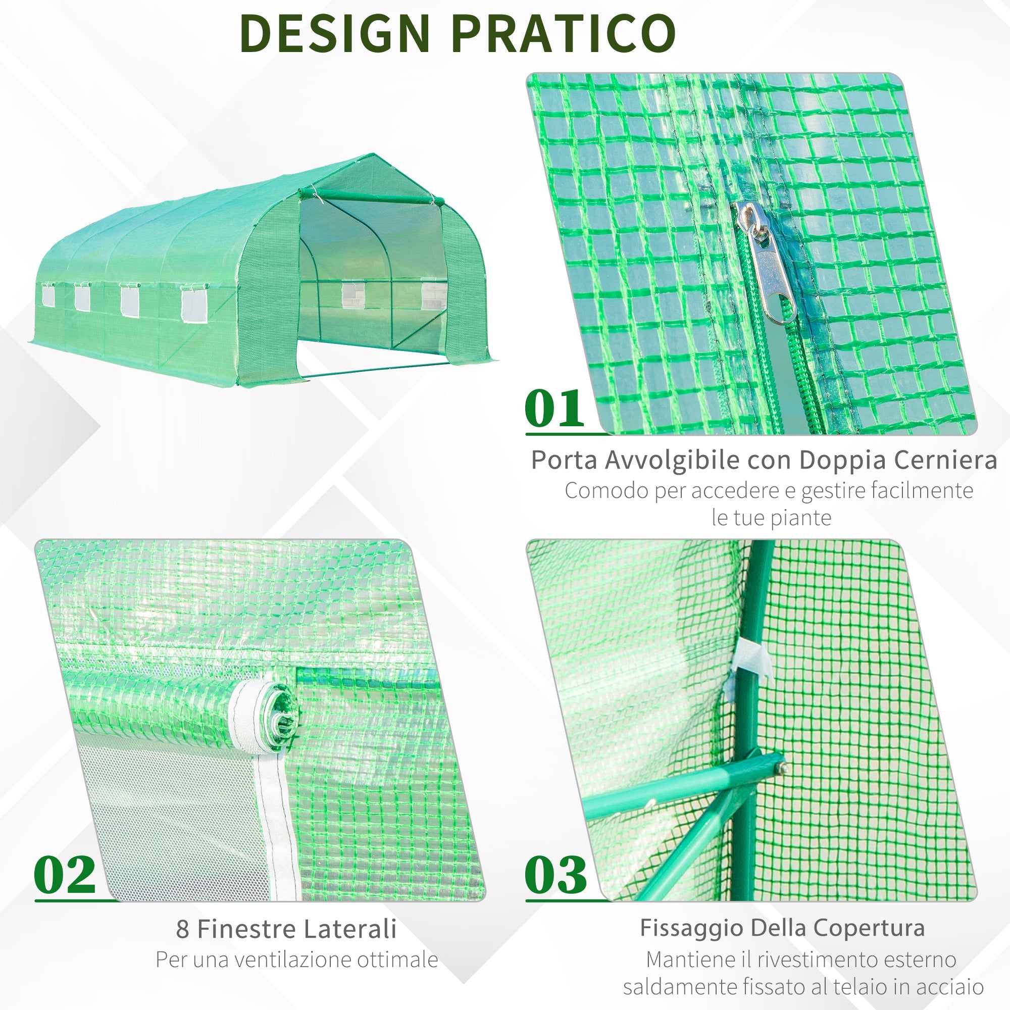 EASYCOMFORT Tunnel Garden Greenhouse 6x3x2m with PE Pitched Roof, Green