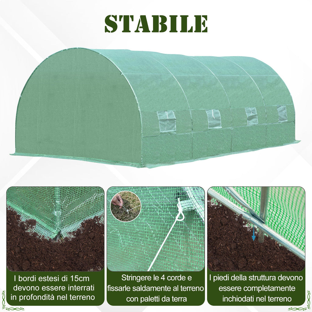 Easycomfort Serra per Piante a Tunnel da Esterno in Acciaio e PE with 8 Finestre 5.95 x 3 x 2m Verde