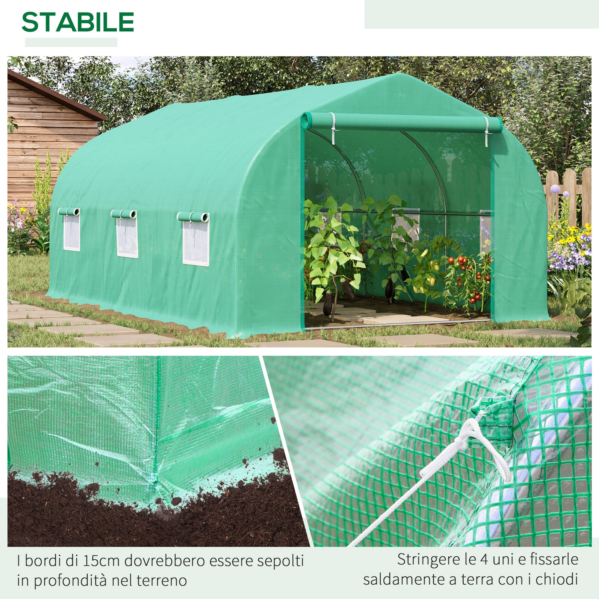 EASYCOMFORT Tunnel Vegetable Greenhouse 4.5x3x2m with Sloping PE Roof and Dark Green Steel Pipes