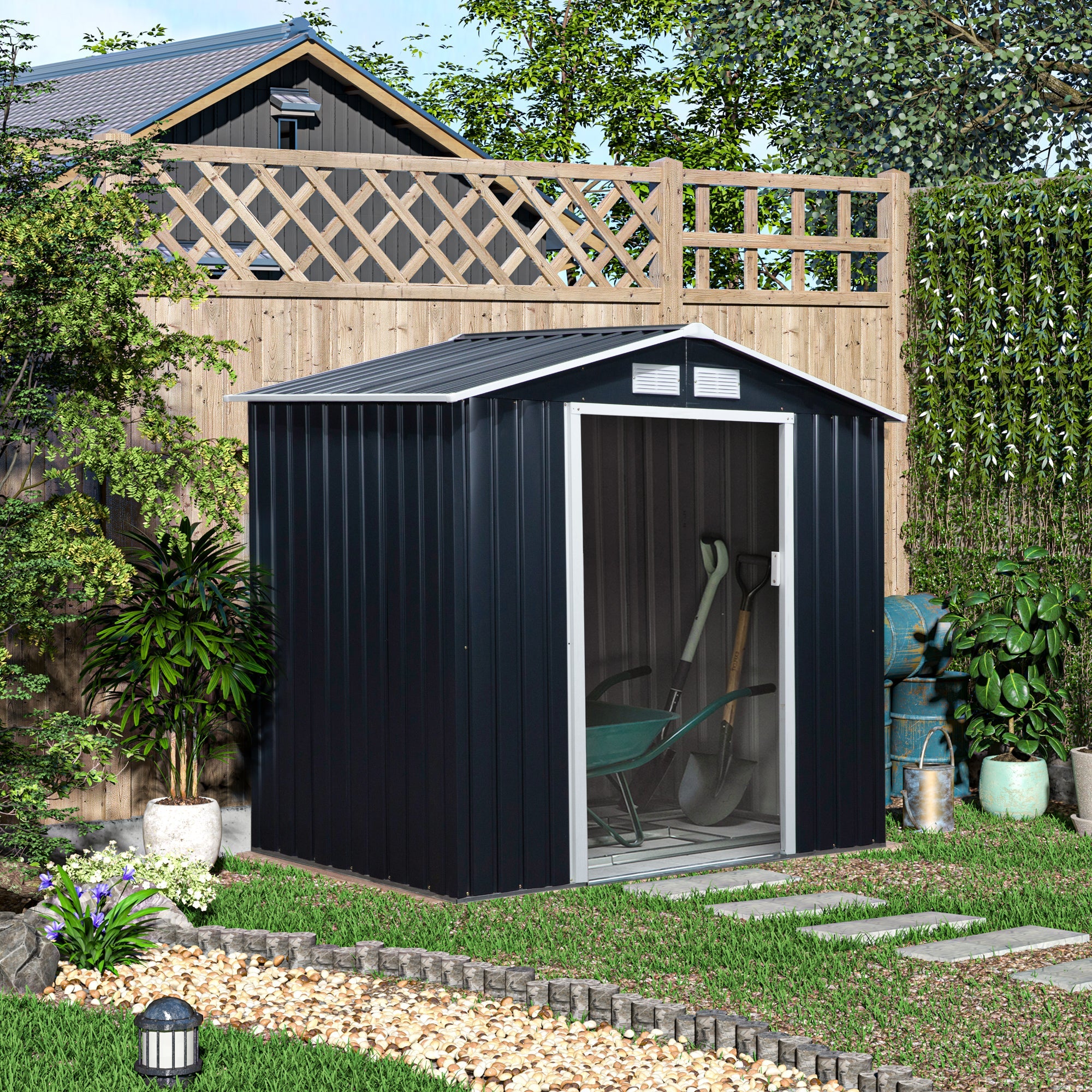EASYCOMFORT Garden Shed Tool Holder in Sheet Metal with Sliding Doors, 213x130x185cm, Dark Gray