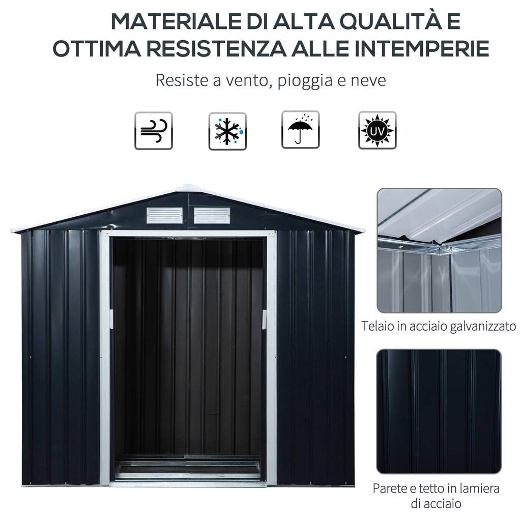 EASYCOMFORT Garden Shed Tool Holder in Sheet Metal with Sliding Doors, 213x130x185cm, Dark Gray