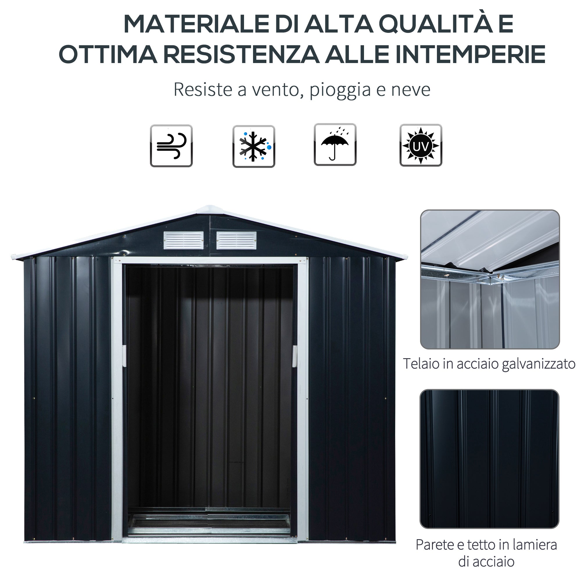 EASYCOMFORT Garden Shed Tool Holder in Sheet Metal with Sliding Doors, 213x130x185cm, Dark Gray