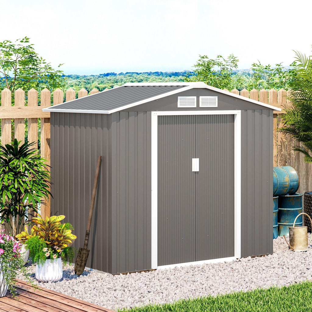 EASYCOMFORT Garden Shed Tool Holder in Sheet Metal with Sliding Doors, 213x130x185cm, Gray