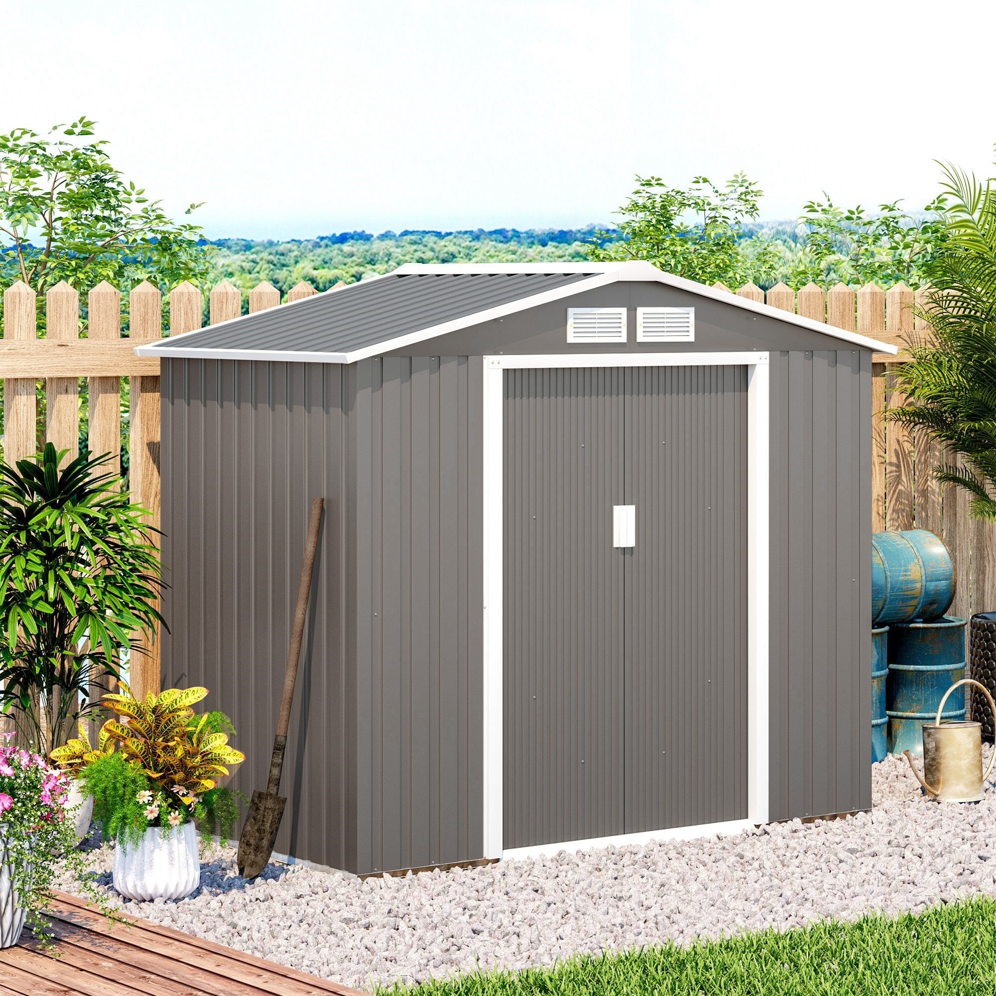 EASYCOMFORT Garden Shed Tool Holder in Sheet Metal with Sliding Doors, 213x130x185cm, Gray