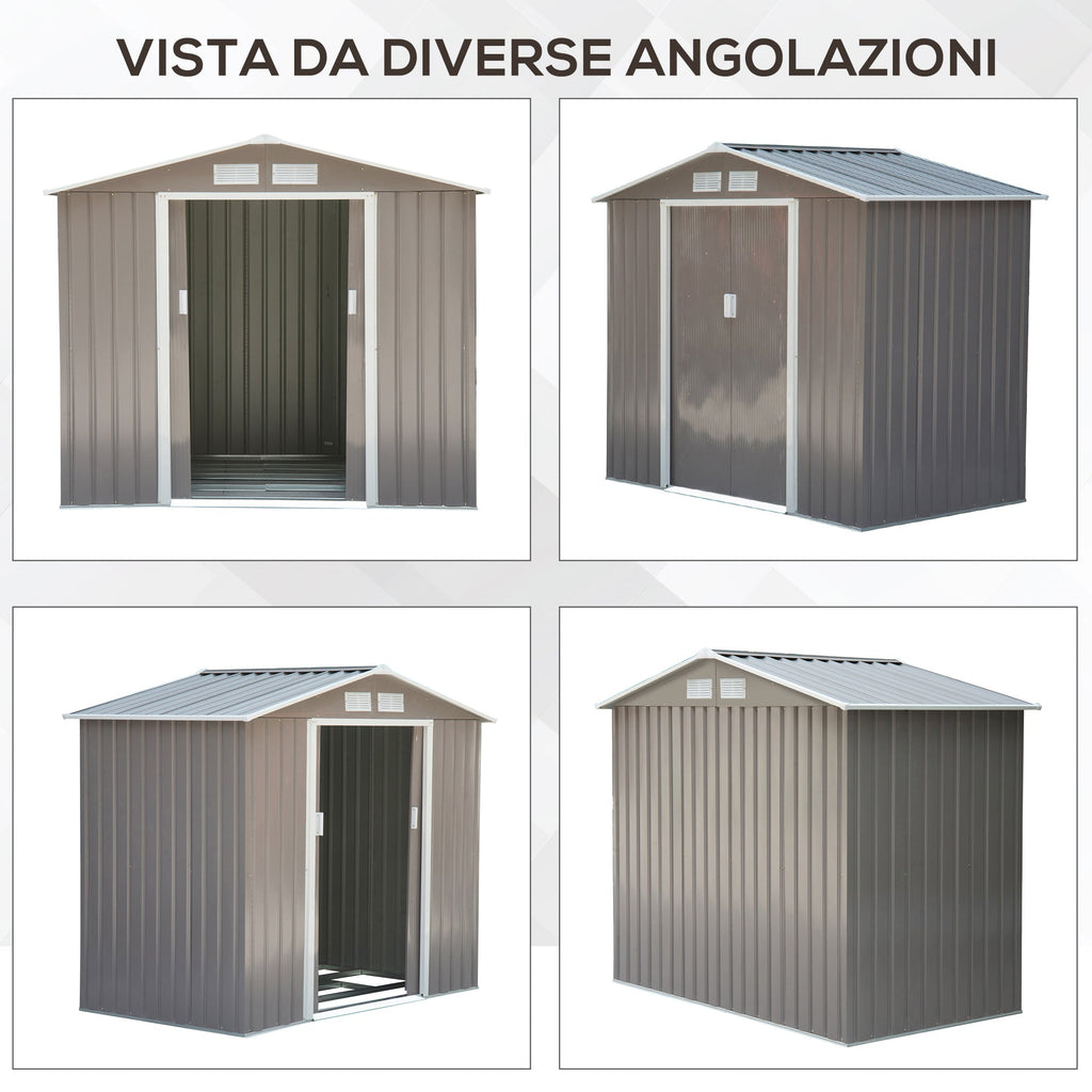 EASYCOMFORT Garden Shed Tool Holder in Sheet Metal with Sliding Doors, 213x130x185cm, Gray