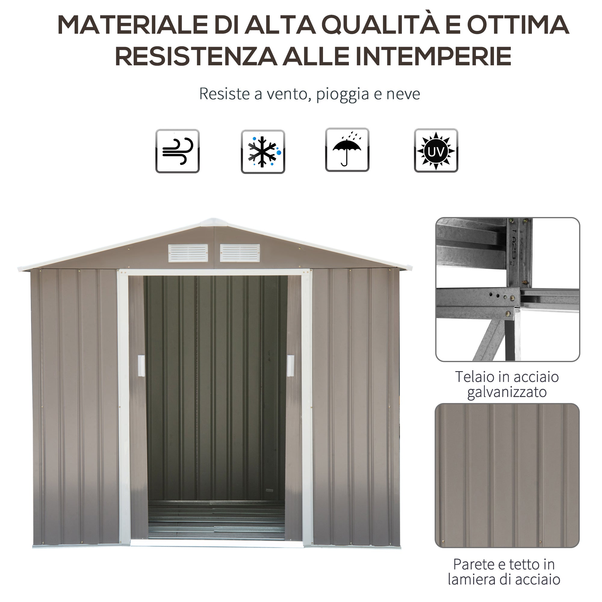 EASYCOMFORT Garden Shed Tool Holder in Sheet Metal with Sliding Doors, 213x130x185cm, Gray
