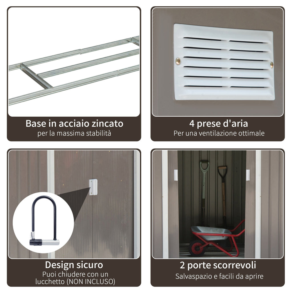 EASYCOMFORT Garden Shed Tool Holder in Sheet Metal with Sliding Doors, 213x130x185cm, Gray