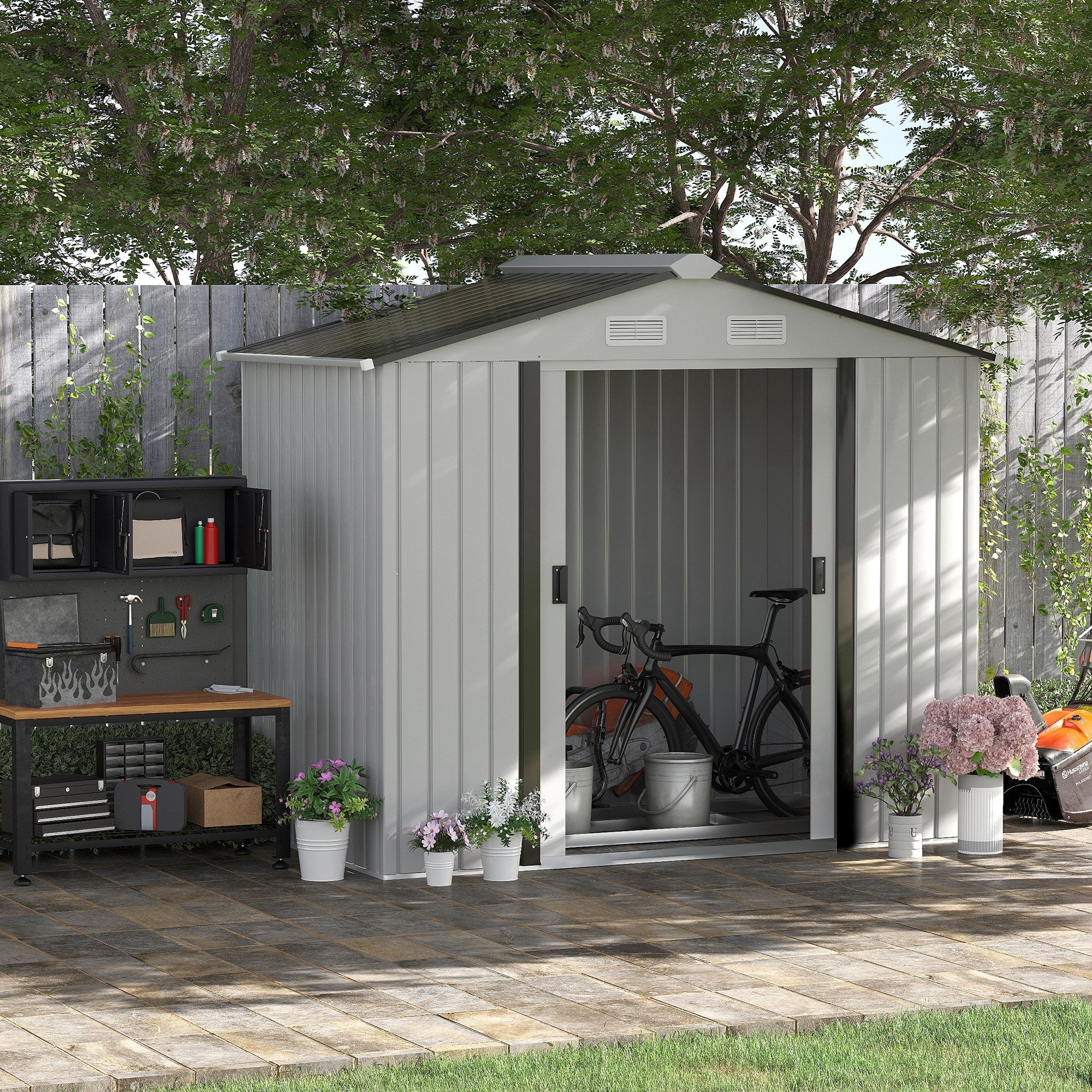EASYCOMFORT Steel Tool Shed, Garden Shed with Sliding Doors, 213x130x185 cm, White