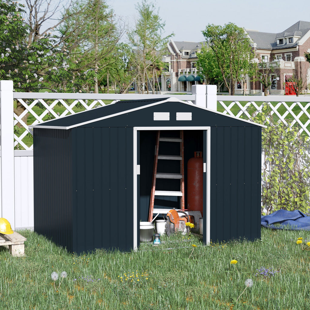 EASYCOMFORT Garden Shed with 2 Sliding Doors and 4 Air Intakes in Steel and PP, 277x195x192cm, Gray