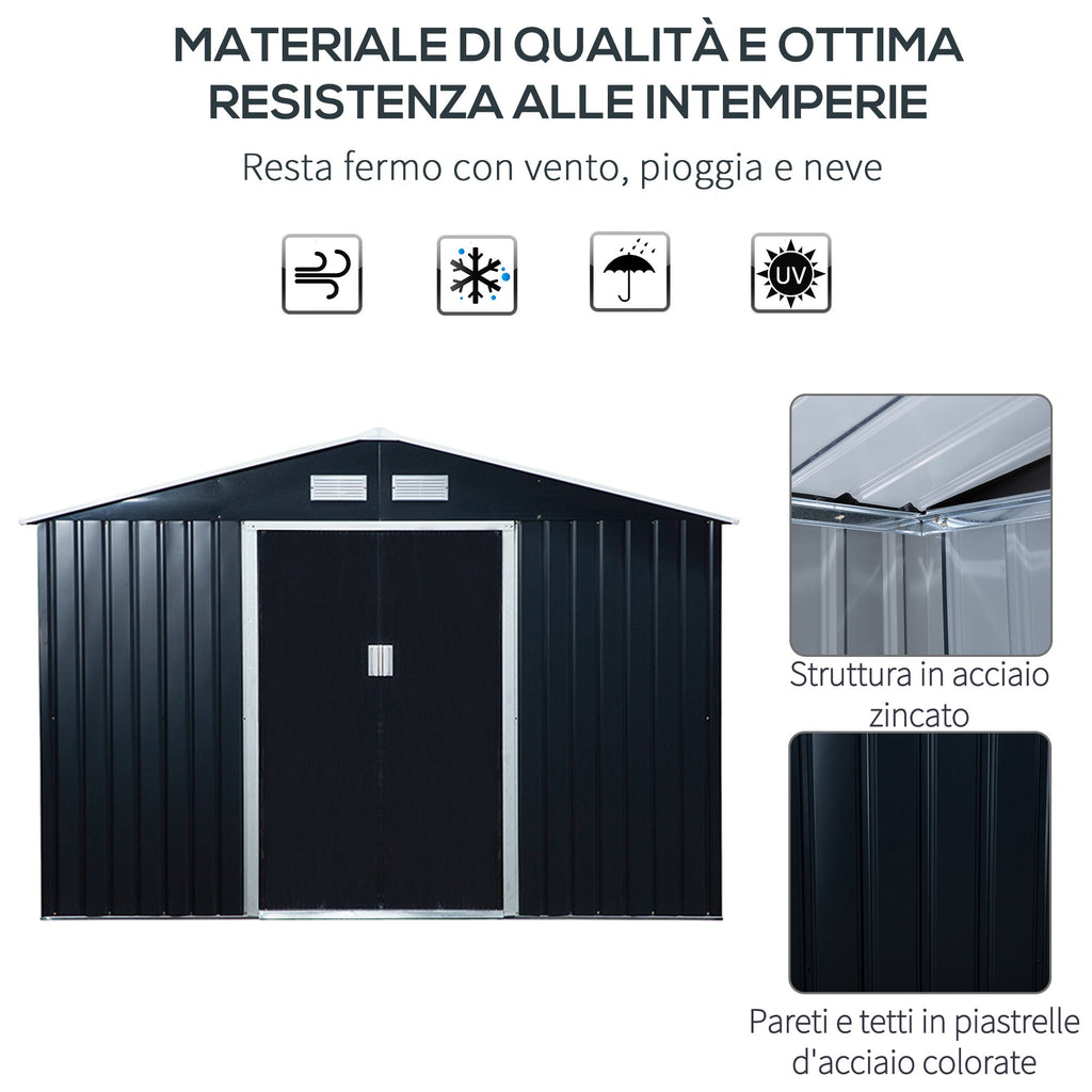 EASYCOMFORT Garden Shed with 2 Sliding Doors and 4 Air Intakes in Steel and PP, 277x195x192cm, Gray