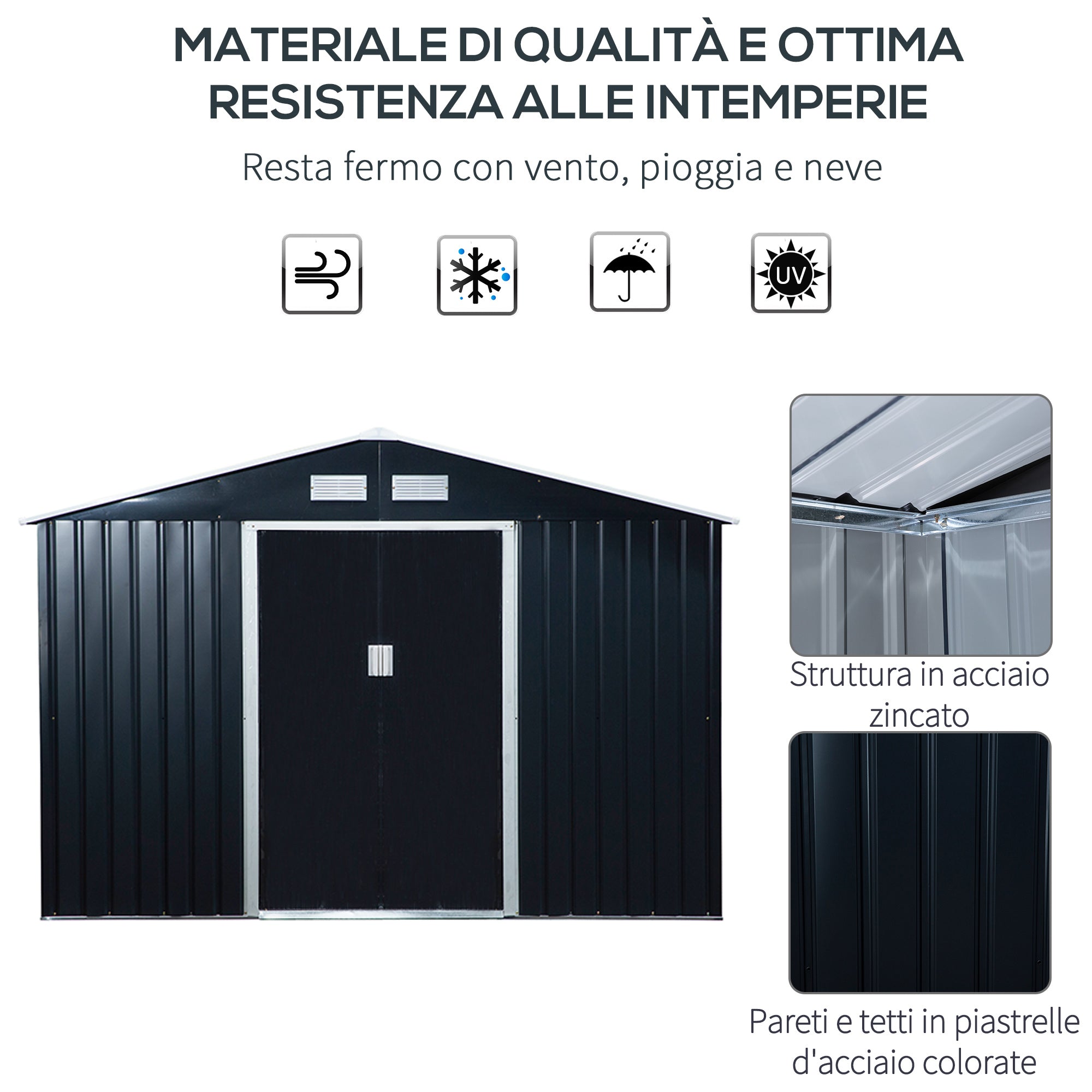 EASYCOMFORT Garden Shed with 2 Sliding Doors and 4 Air Intakes in Steel and PP, 277x195x192cm, Gray