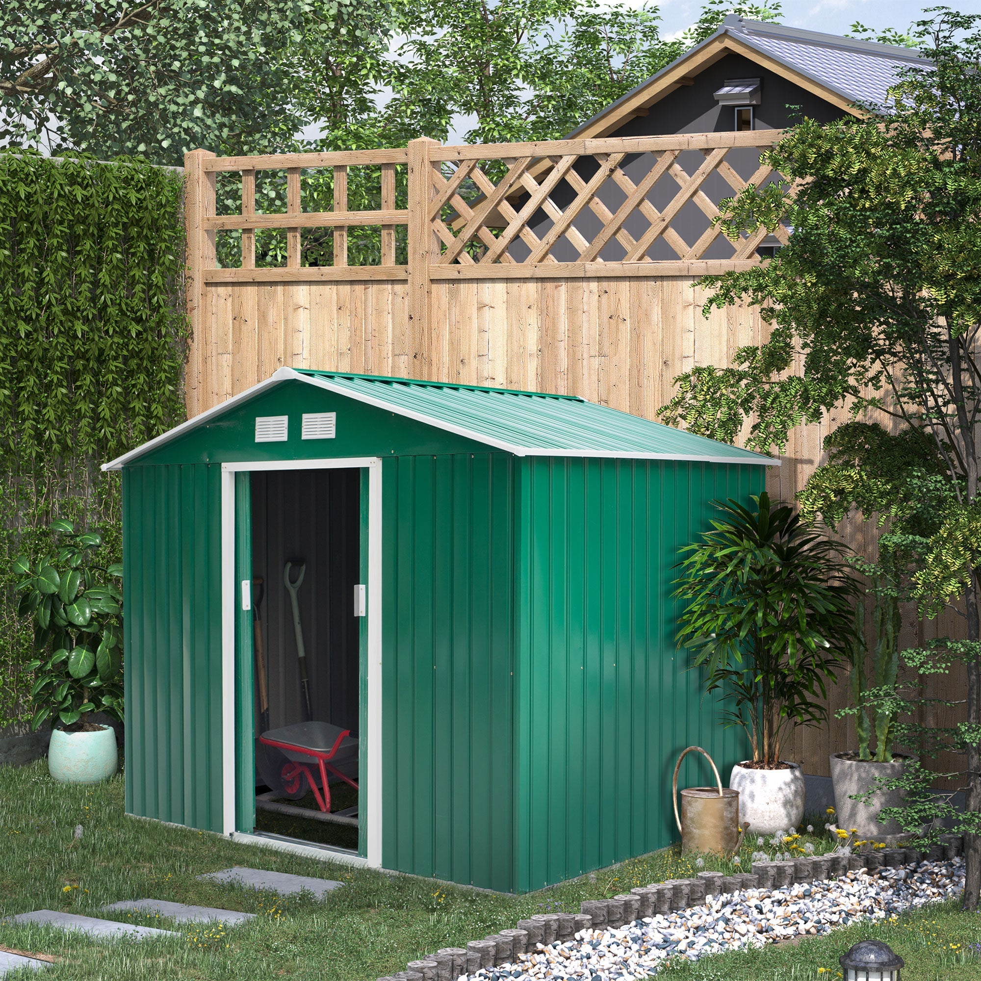 EASYCOMFORT Garden Shed with Base and Double Sliding Doors in Sheet Steel, Steel Garden Shed, 277x195x192cm, Green