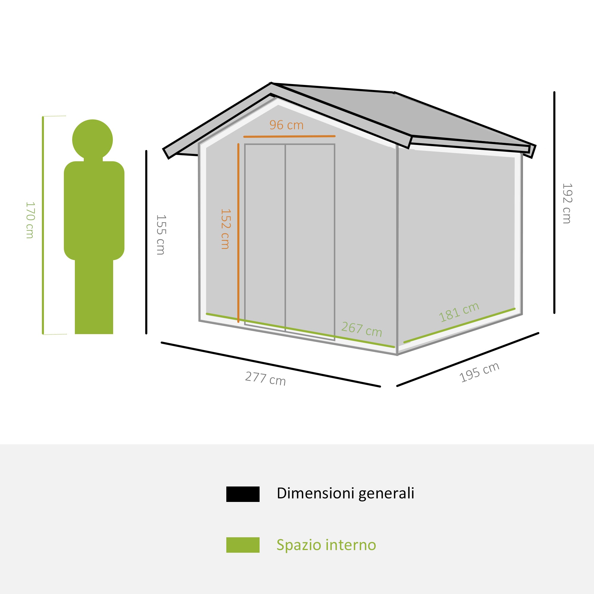 EASYCOMFORT Garden Shed with Base and Double Sliding Doors in Sheet Steel, Steel Garden Shed, 277x195x192cm, Green