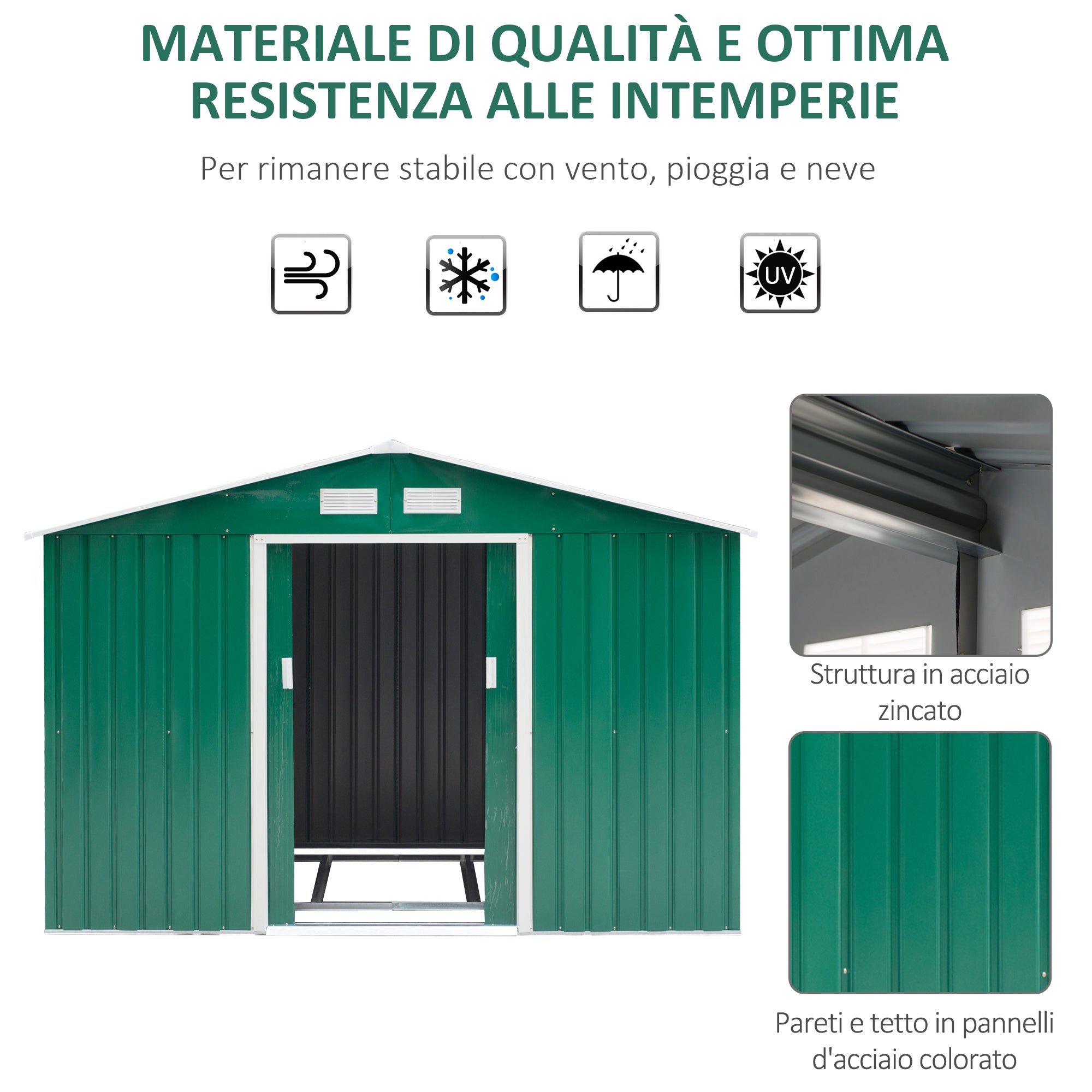 EASYCOMFORT Garden Shed with Base and Double Sliding Doors in Sheet Steel, Steel Garden Shed, 277x195x192cm, Green