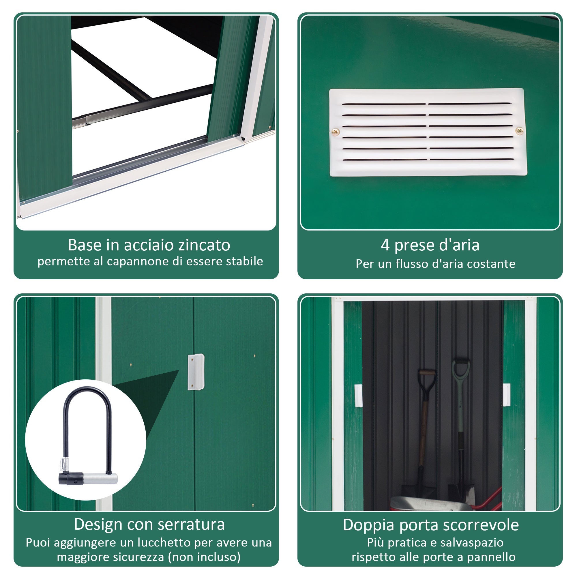 EASYCOMFORT Garden Shed with Base and Double Sliding Doors in Sheet Steel, Steel Garden Shed, 277x195x192cm, Green