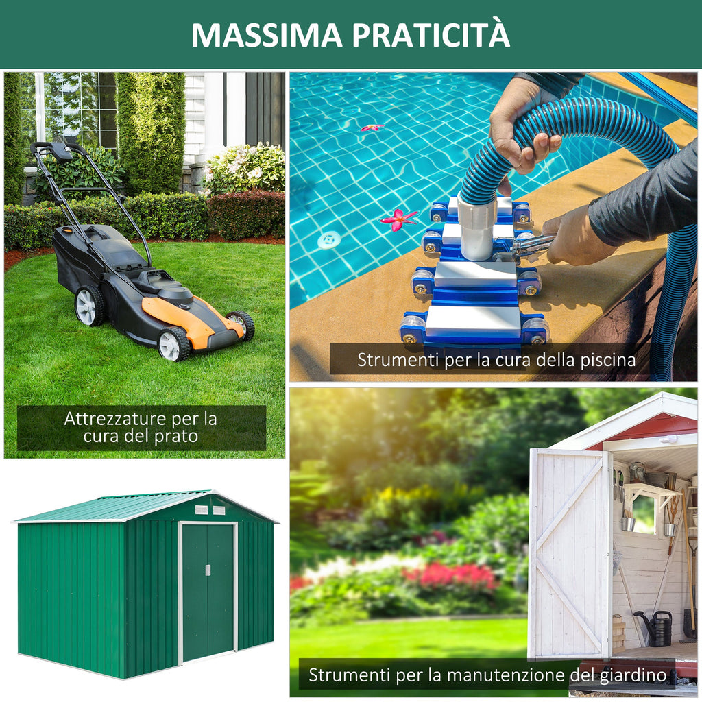EASYCOMFORT Garden Shed with Base and Double Sliding Doors in Sheet Steel, Steel Garden Shed, 277x195x192cm, Green