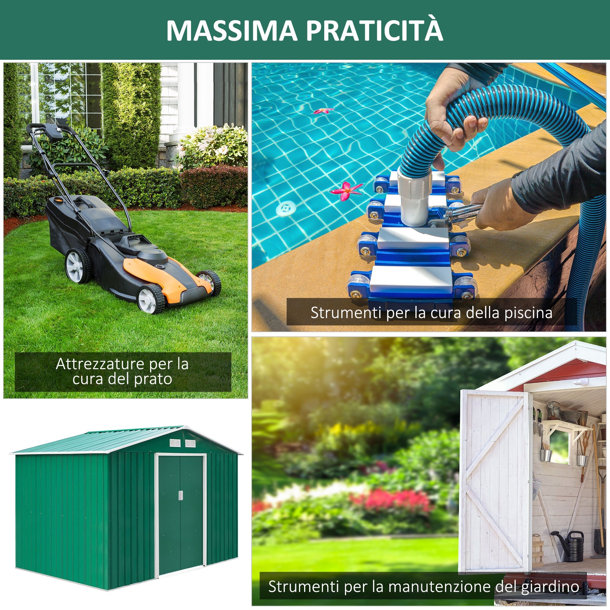 EASYCOMFORT Garden Shed with Base and Double Sliding Doors in Sheet Steel, Steel Garden Shed, 277x195x192cm, Green