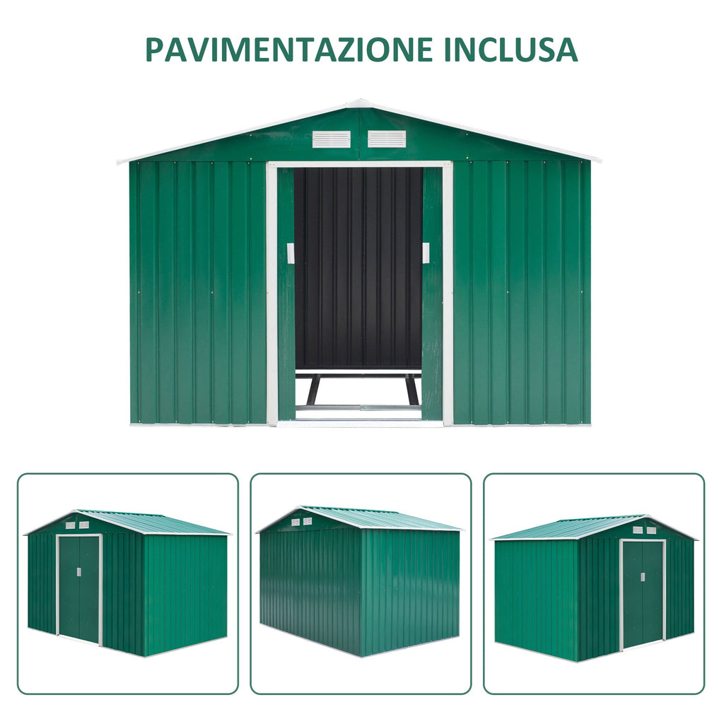 EASYCOMFORT Garden Shed with Base and Double Sliding Doors in Sheet Steel, Steel Garden Shed, 277x195x192cm, Green