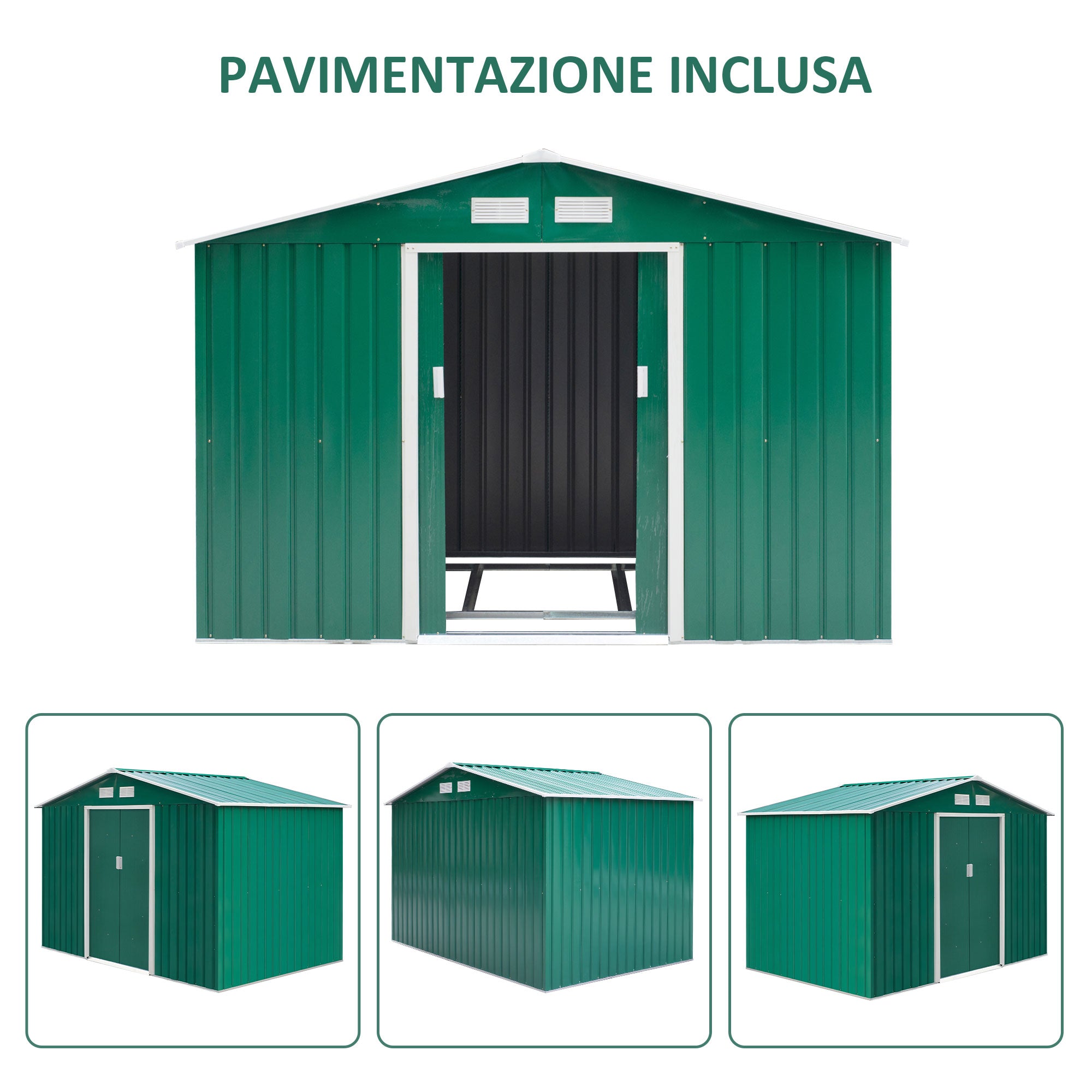 EASYCOMFORT Garden Shed with Base and Double Sliding Doors in Sheet Steel, Steel Garden Shed, 277x195x192cm, Green
