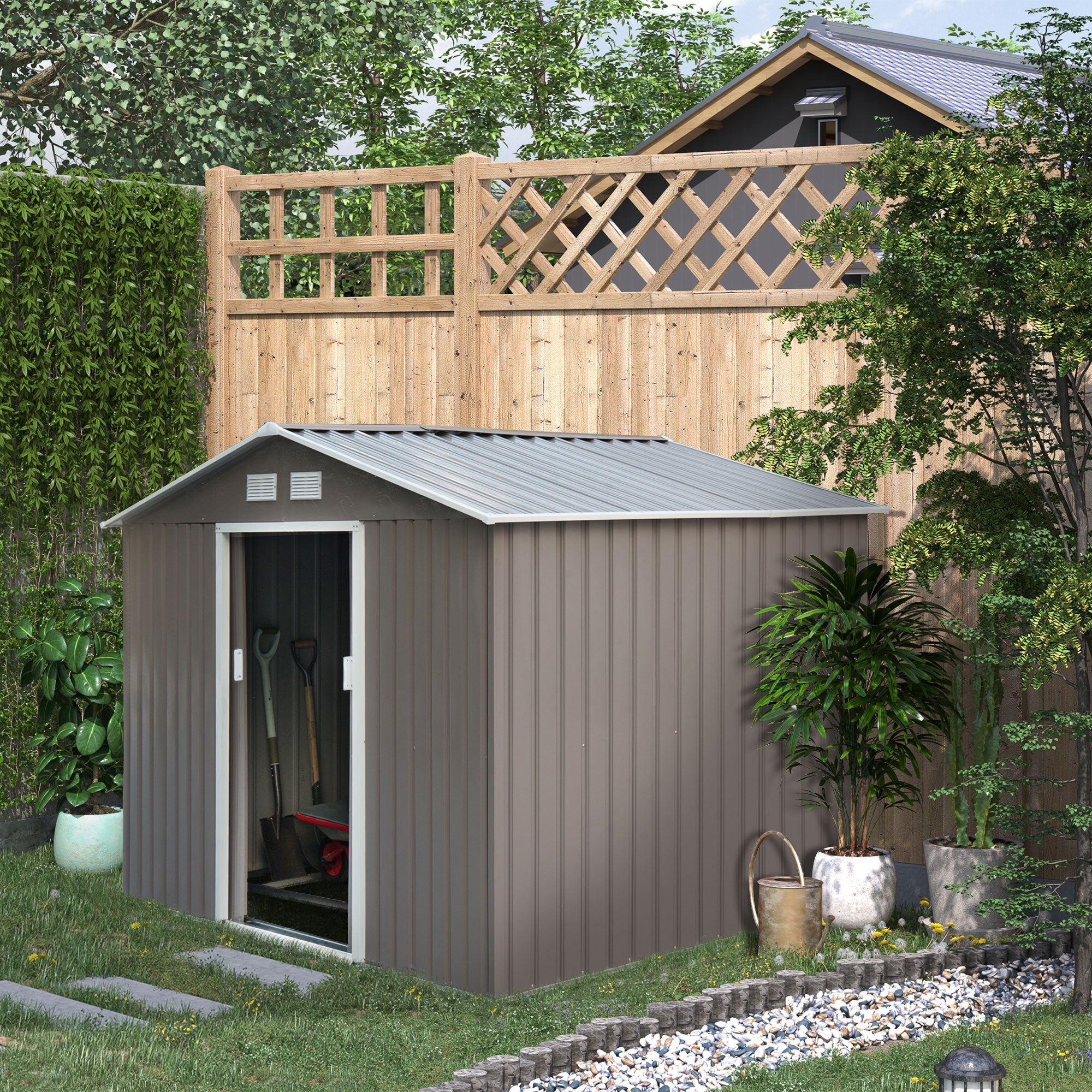 EASYCOMFORT Garden Shed with Double Sliding Doors in Sheet Steel, Steel Garden Shed, 277x195x192cm, Gray