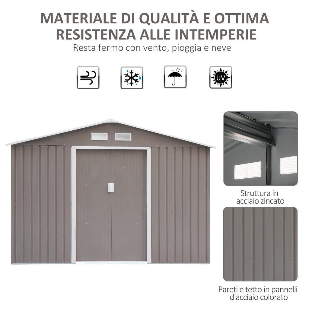 EASYCOMFORT Garden Shed with Double Sliding Doors in Sheet Steel, Steel Garden Shed, 277x195x192cm, Gray