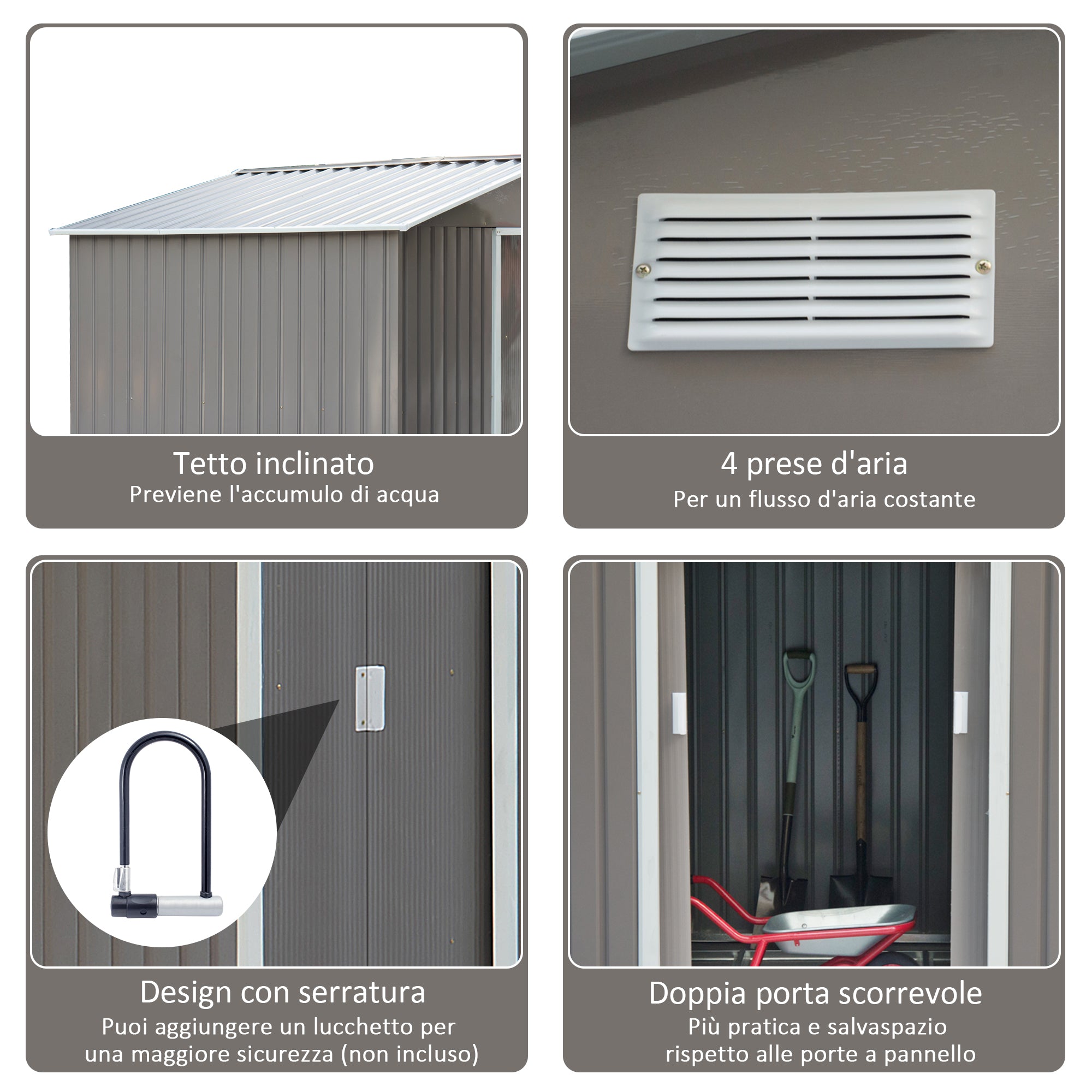 EASYCOMFORT Garden Shed with Double Sliding Doors in Sheet Steel, Steel Garden Shed, 277x195x192cm, Gray