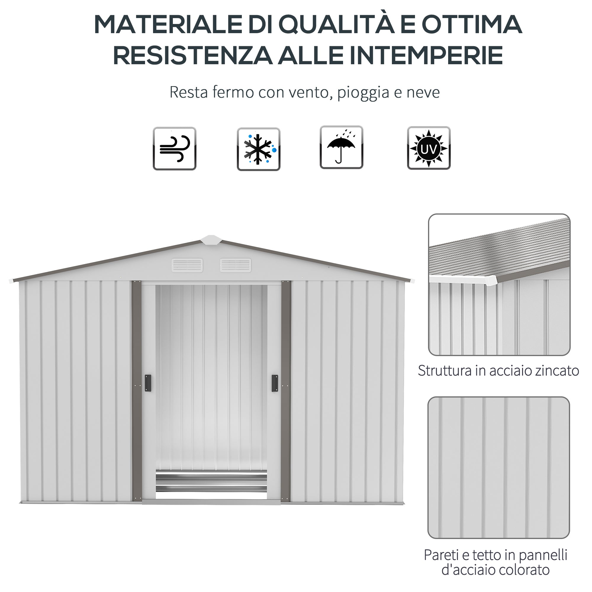 Easycomfort Casetta da Giardino with Doppie Porte Scorrevoli, in Acciaio, 277x195x192cm, Argento