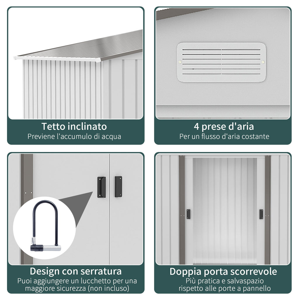 Easycomfort Casetta da Giardino with Doppie Porte Scorrevoli, in Acciaio, 277x195x192cm, Argento
