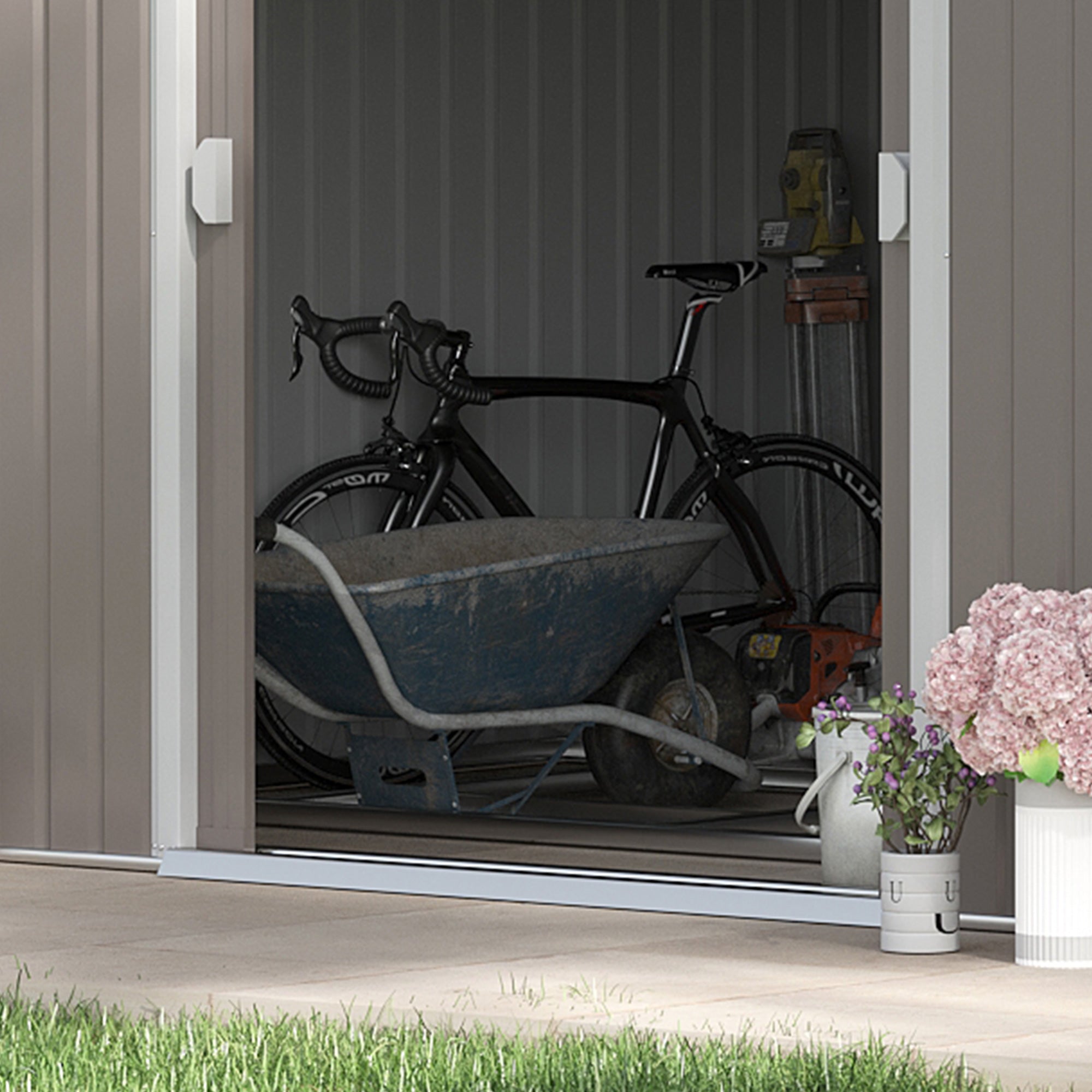 Easycomfort Casetta da Giardino with Porte Scorrevoli e Tetto Inclinato, in Acciaio, 340x386x200 cm, Grigio