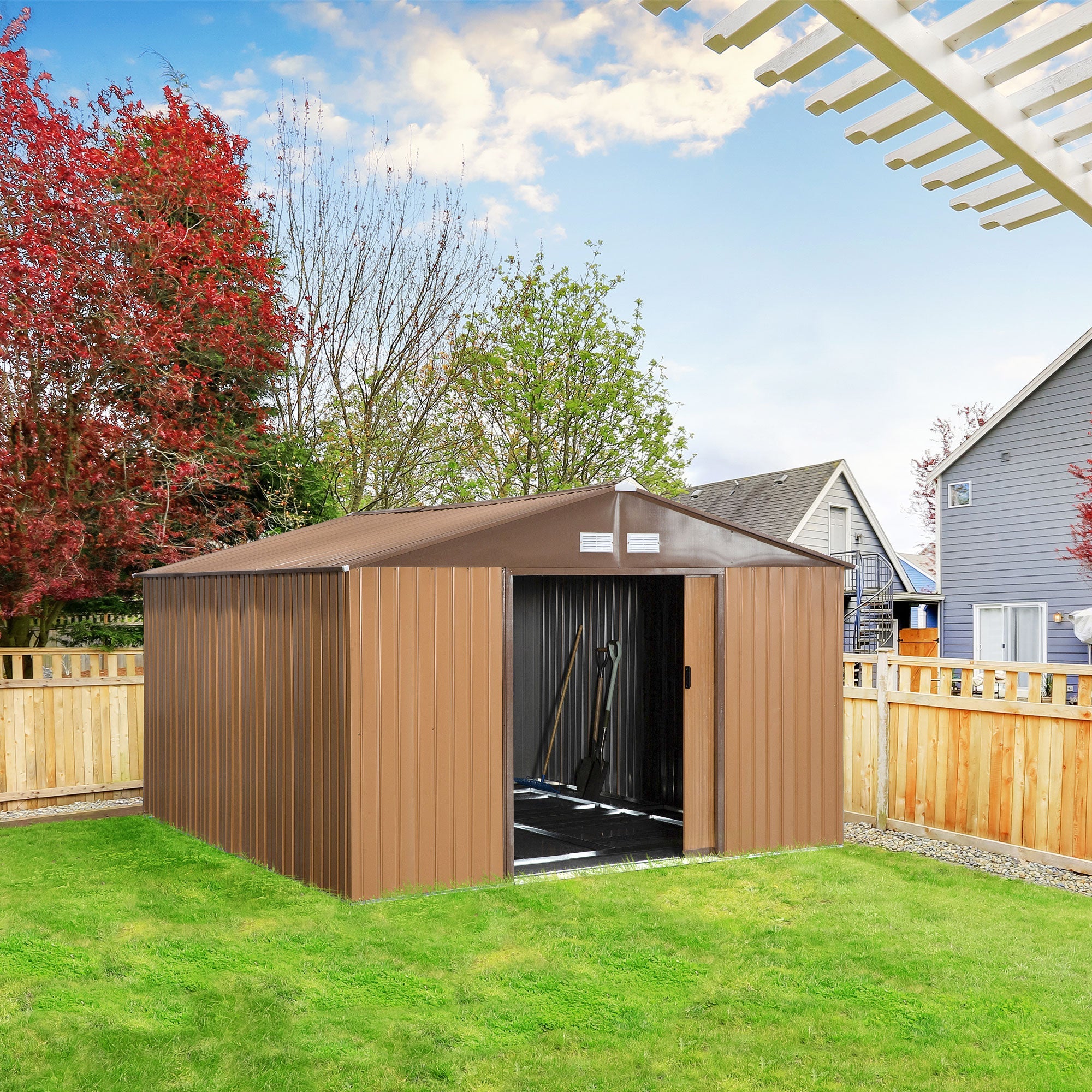 EASYCOMFORT Garden Shed with 2 Sliding Doors and 4 Air Intakes in Steel and PP, 340x386x200cm, Yellow
