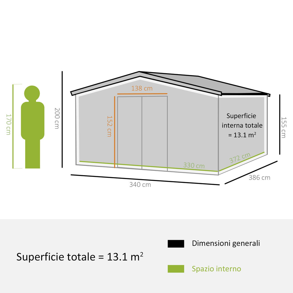 EASYCOMFORT Garden Shed with 2 Sliding Doors and 4 Air Intakes in Steel and PP, 340x386x200cm, Yellow