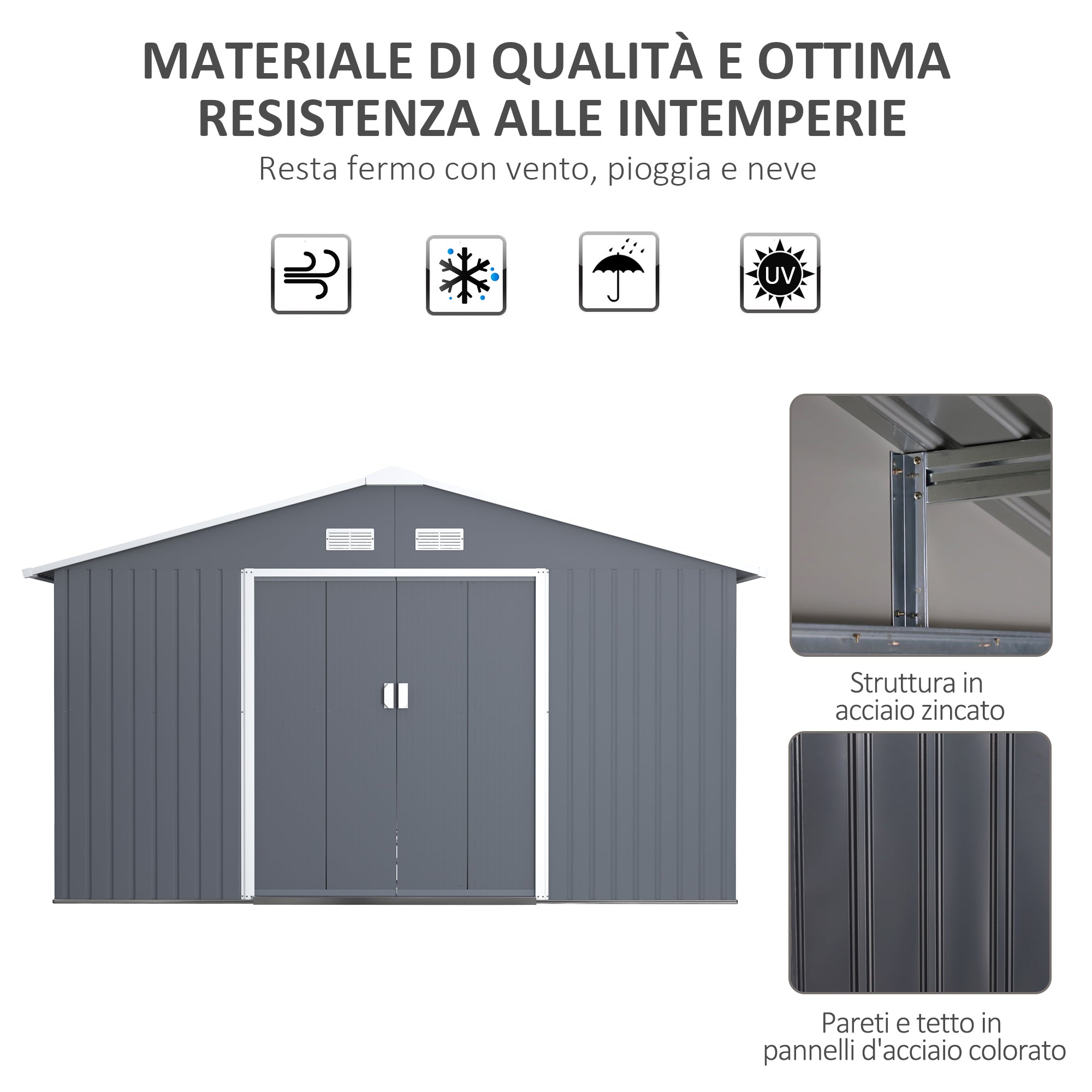 Easycomfort Casetta da Giardino with Base e Doppie Porte Scorrevoli, Capanno da Giardino in Acciaio, 340x386x200cm, Grigio scuro
