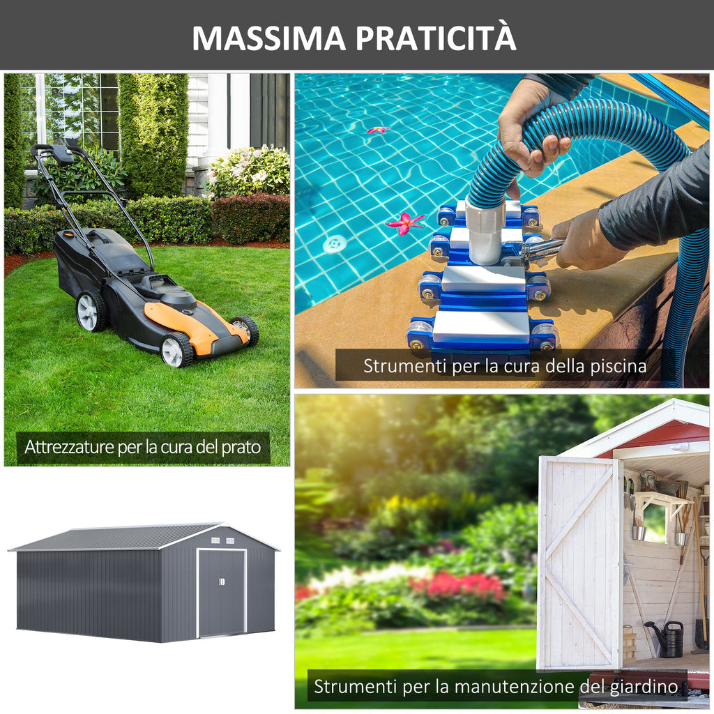 Easycomfort Casetta da Giardino with Base e Doppie Porte Scorrevoli, Capanno da Giardino in Acciaio, 340x386x200cm, Grigio scuro