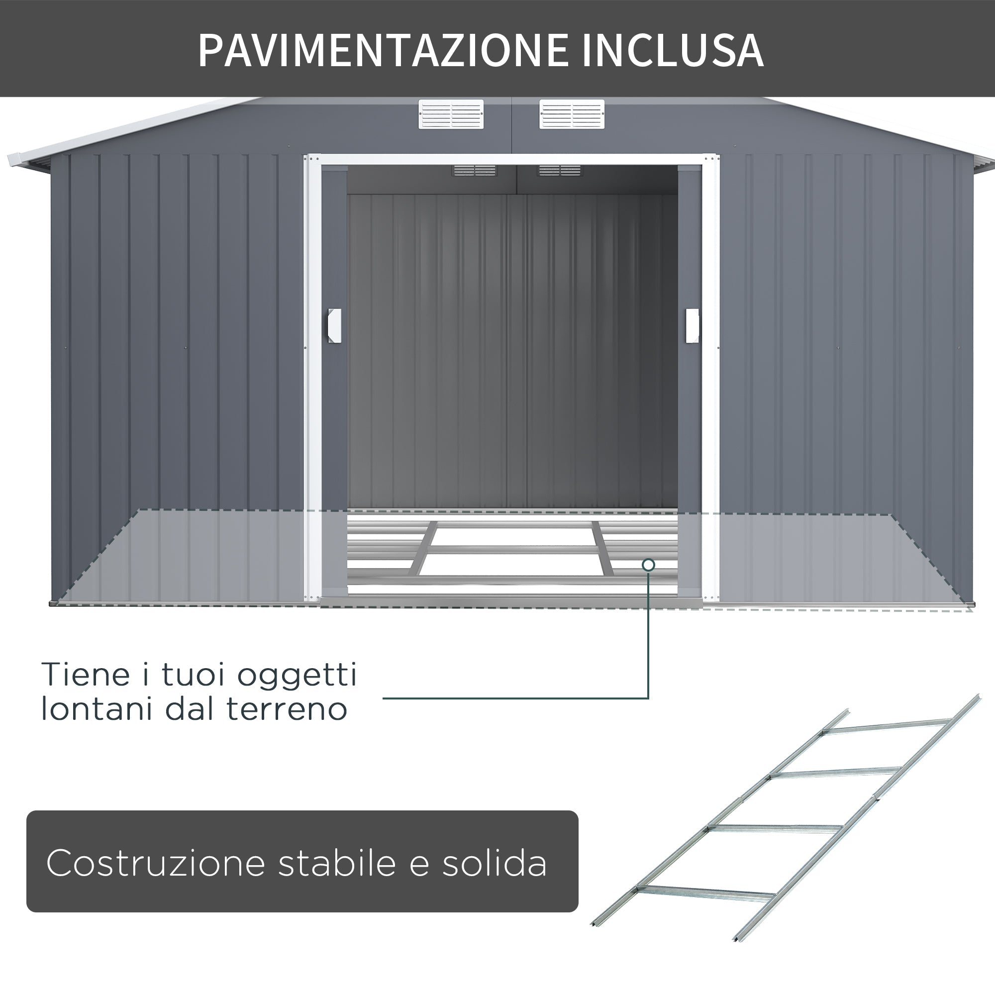 Easycomfort Casetta da Giardino with Base e Doppie Porte Scorrevoli, Capanno da Giardino in Acciaio, 340x386x200cm, Grigio scuro