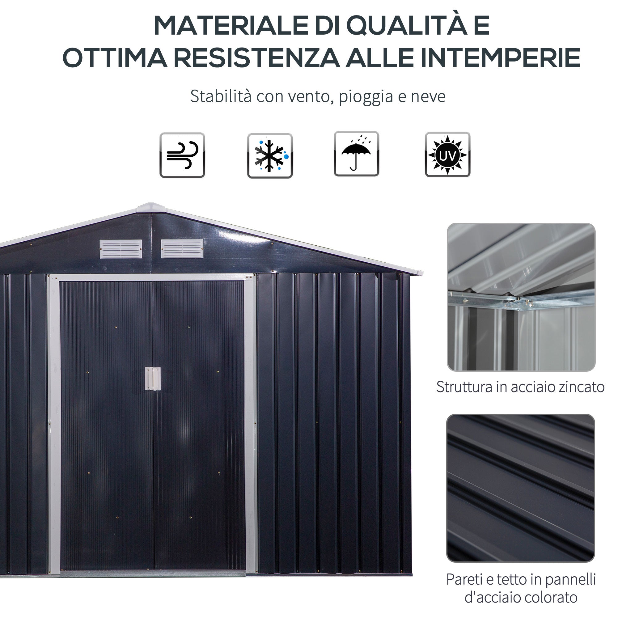 EasyComfort Casetta da Giardino with 2 Porte Scorrevoli e 4 Prese d'Aria, in Acciaio e PP, 322x277x192 cm, Grigio