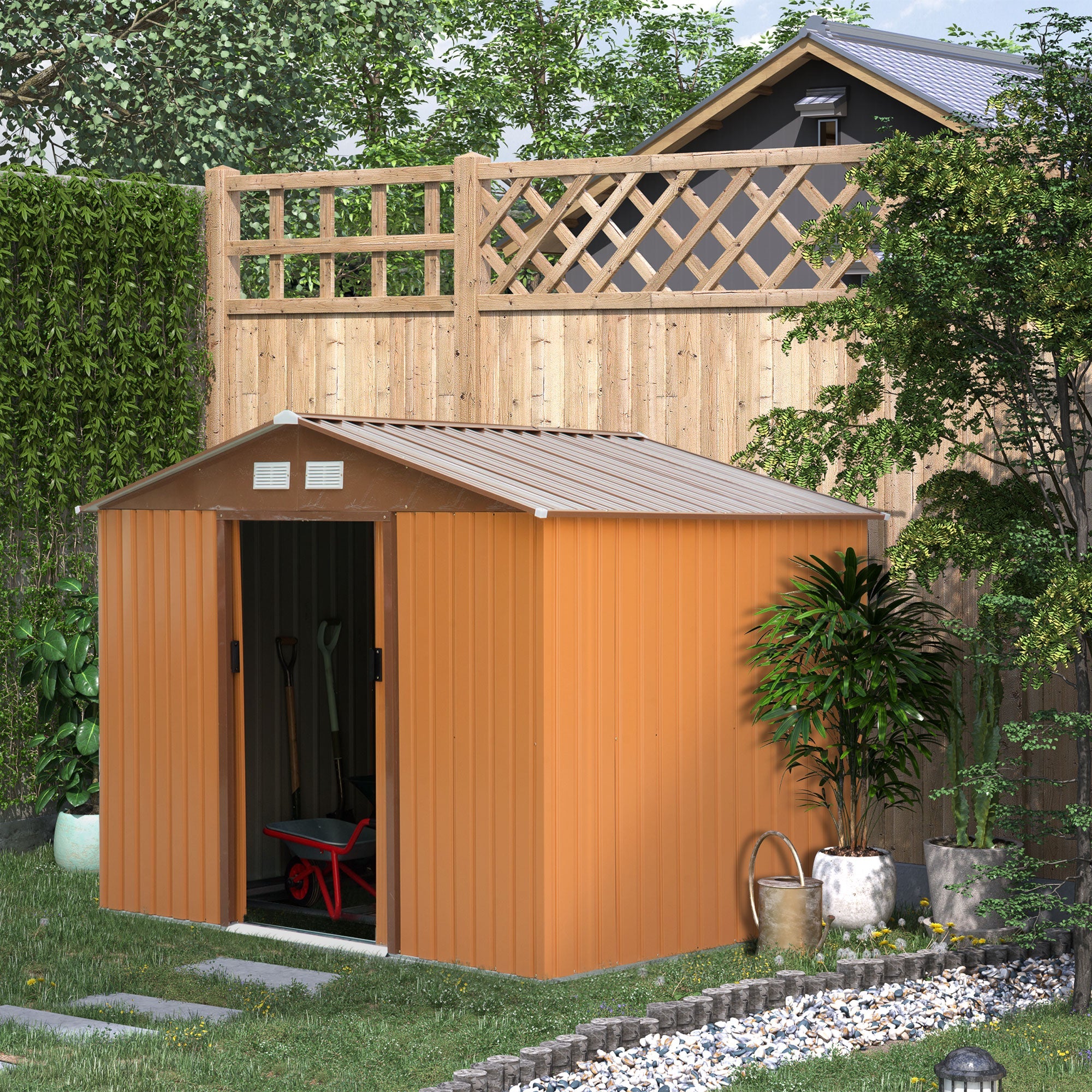 EASYCOMFORT Garden Shed with Base and Double Sliding Doors in Sheet Steel, Steel Garden Shed, 277x195x192cm, Yellow