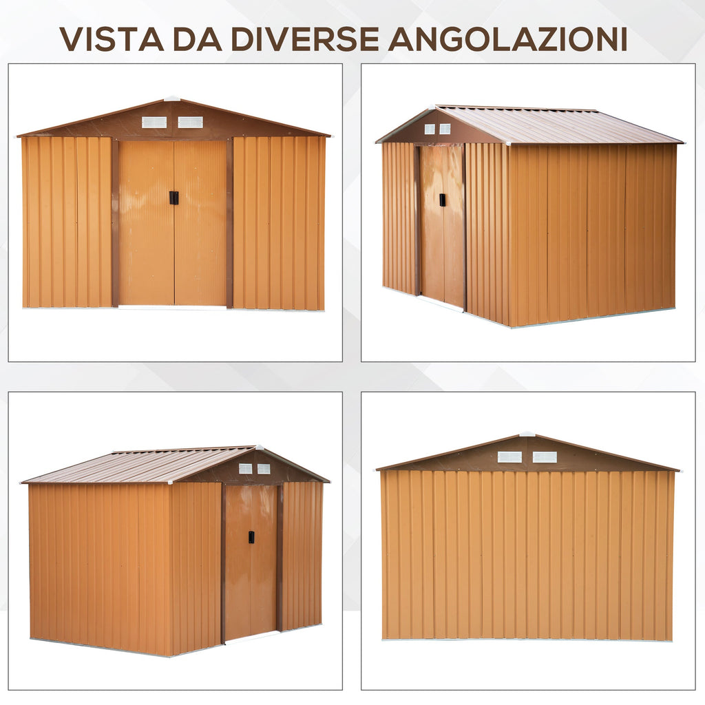EASYCOMFORT Garden Shed with Base and Double Sliding Doors in Sheet Steel, Steel Garden Shed, 277x195x192cm, Yellow