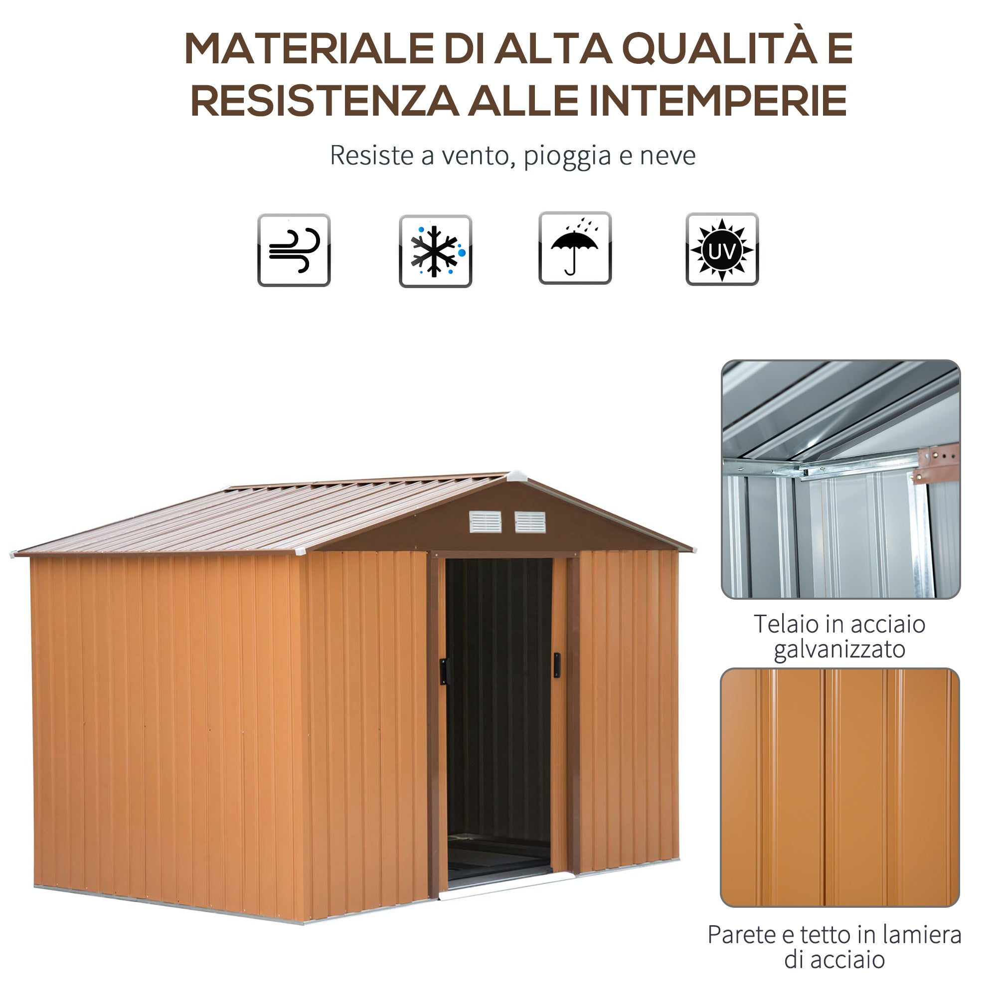 EASYCOMFORT Garden Shed with Base and Double Sliding Doors in Sheet Steel, Steel Garden Shed, 277x195x192cm, Yellow