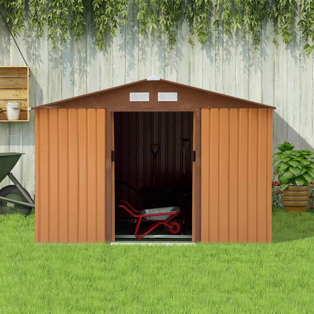EASYCOMFORT Garden Shed with Base and Double Sliding Doors in Sheet Steel, Steel Garden Shed, 277x195x192cm, Yellow