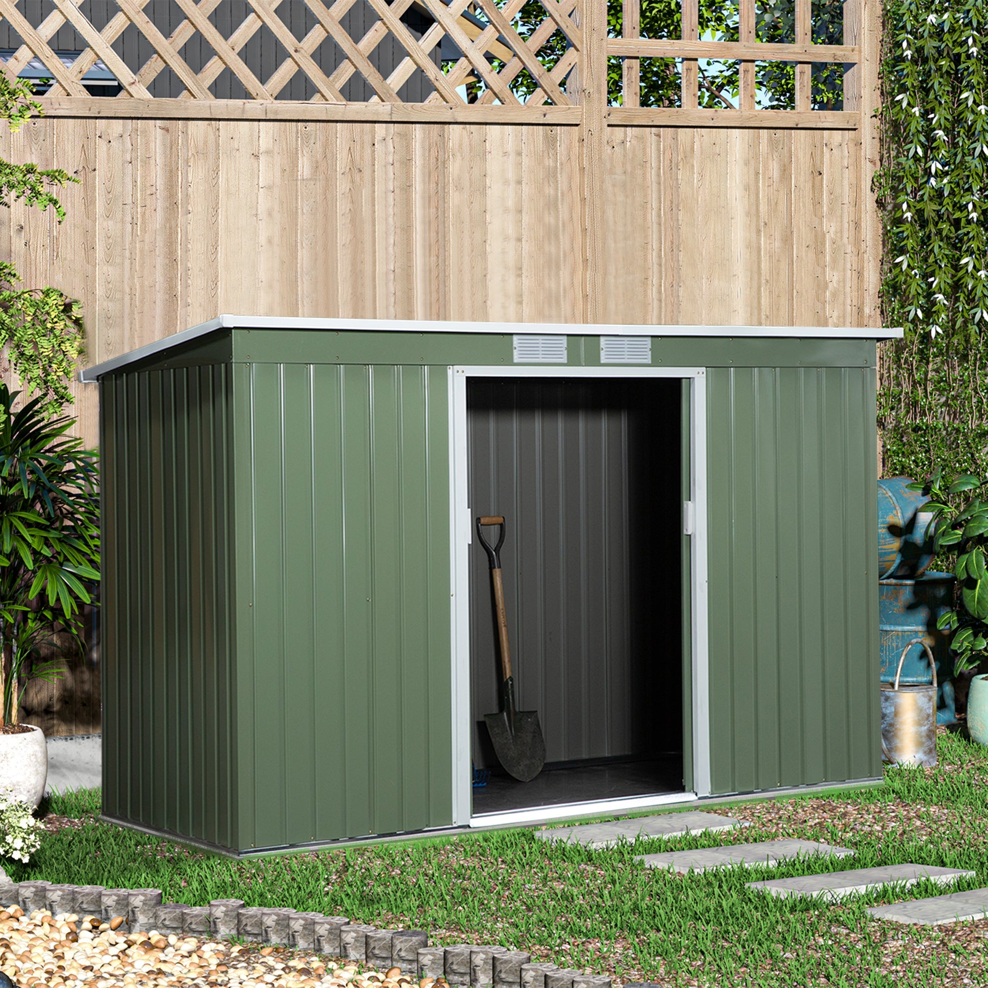 EASYCOMFORT Garden Shed Tool Holder in Sheet Steel with Sliding Doors, 280x130x172cm, Light Green