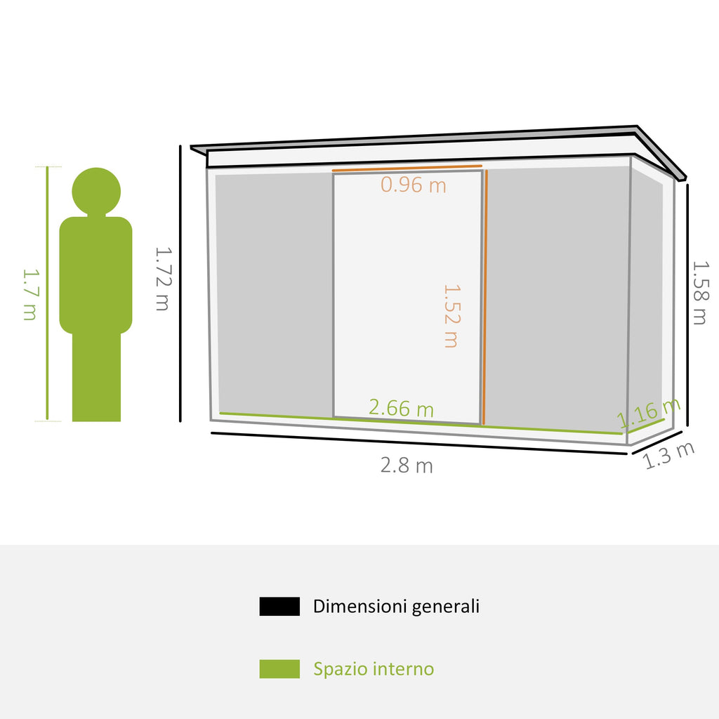 EASYCOMFORT Garden Shed Tool Holder in Sheet Steel with Sliding Doors, 280x130x172cm, Light Green