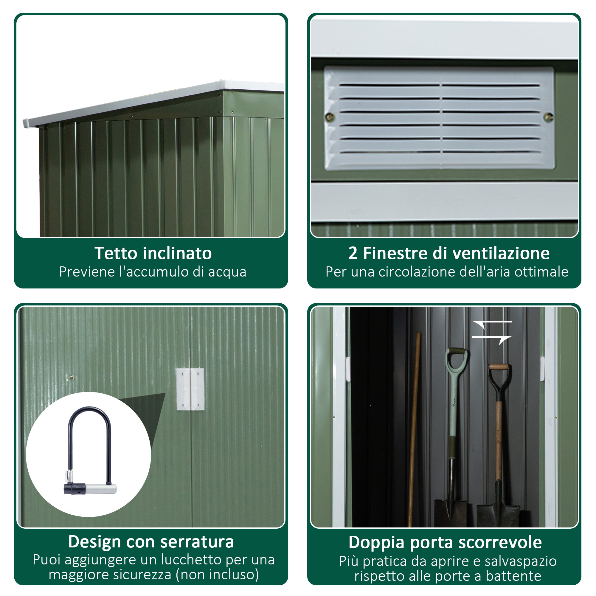 EASYCOMFORT Garden Shed Tool Holder in Sheet Steel with Sliding Doors, 280x130x172cm, Light Green