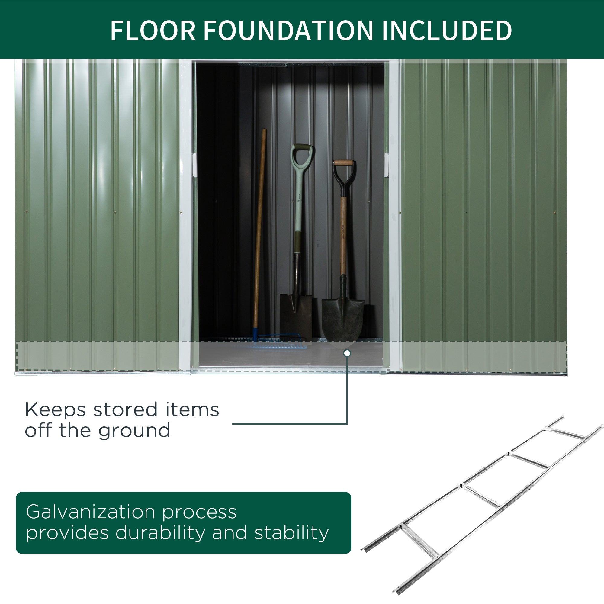 EASYCOMFORT Garden Shed Tool Holder in Sheet Steel with Sliding Doors, 280x130x172cm, Light Green