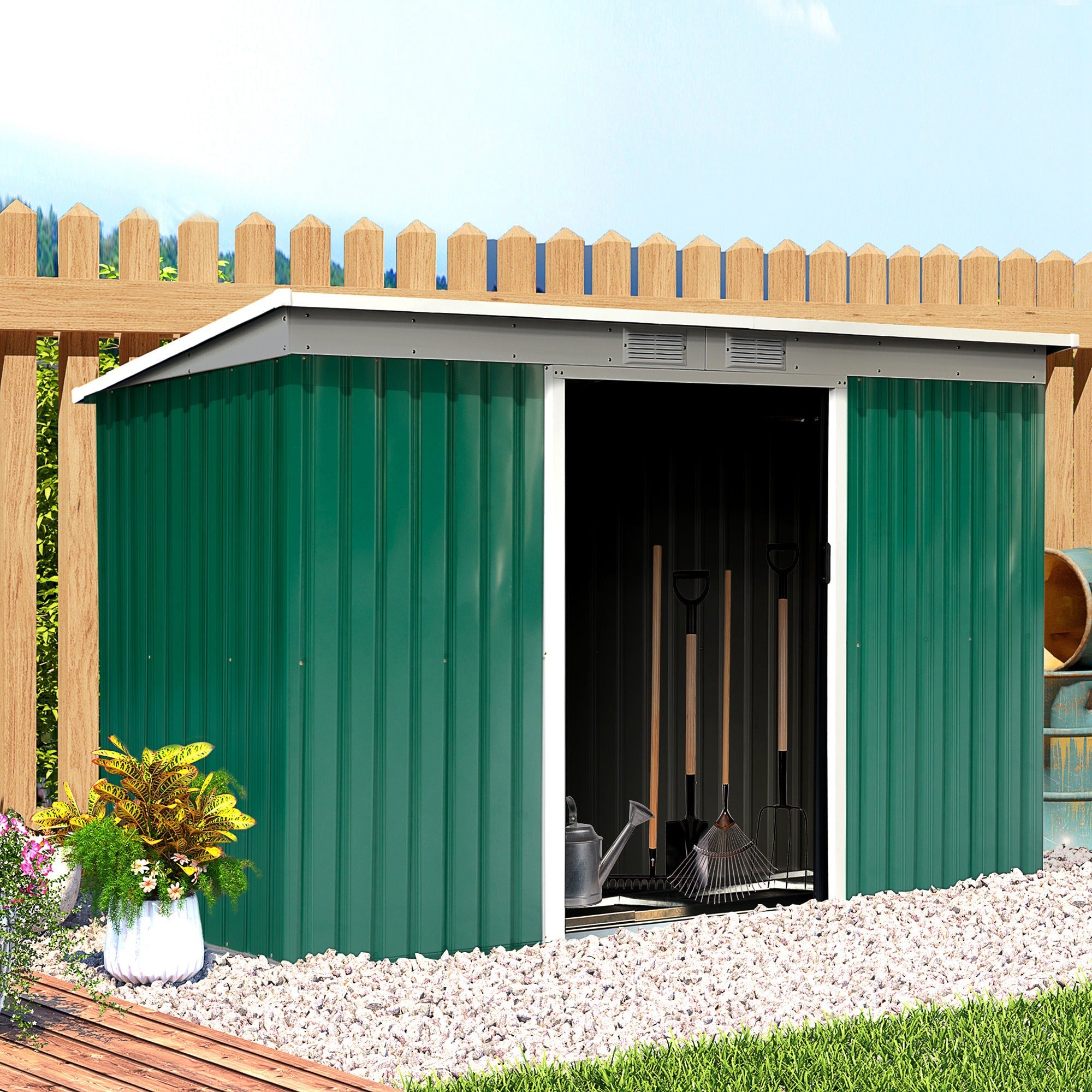Easycomfort Casetta da Giardino Porta Utensili in Lamiera di Acciaio with Porte Scorrevoli, 280x130x172cm, Verde Scuro