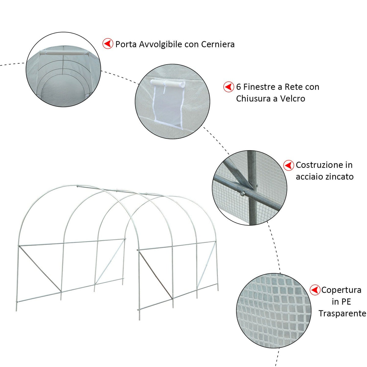 EASYCOMFORT Tunnelkas 4.5x2x2m, PE-afdekking en metalen buizen, wit