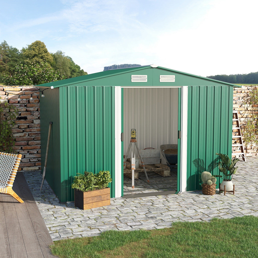 EasyComfort Casetta da Giardino Porta Utensili in Lamiera di Acciaio, Capanno da Giardino in Acciaio with Base e Porte Scorrevoli, 258x206x178cm, Verde
