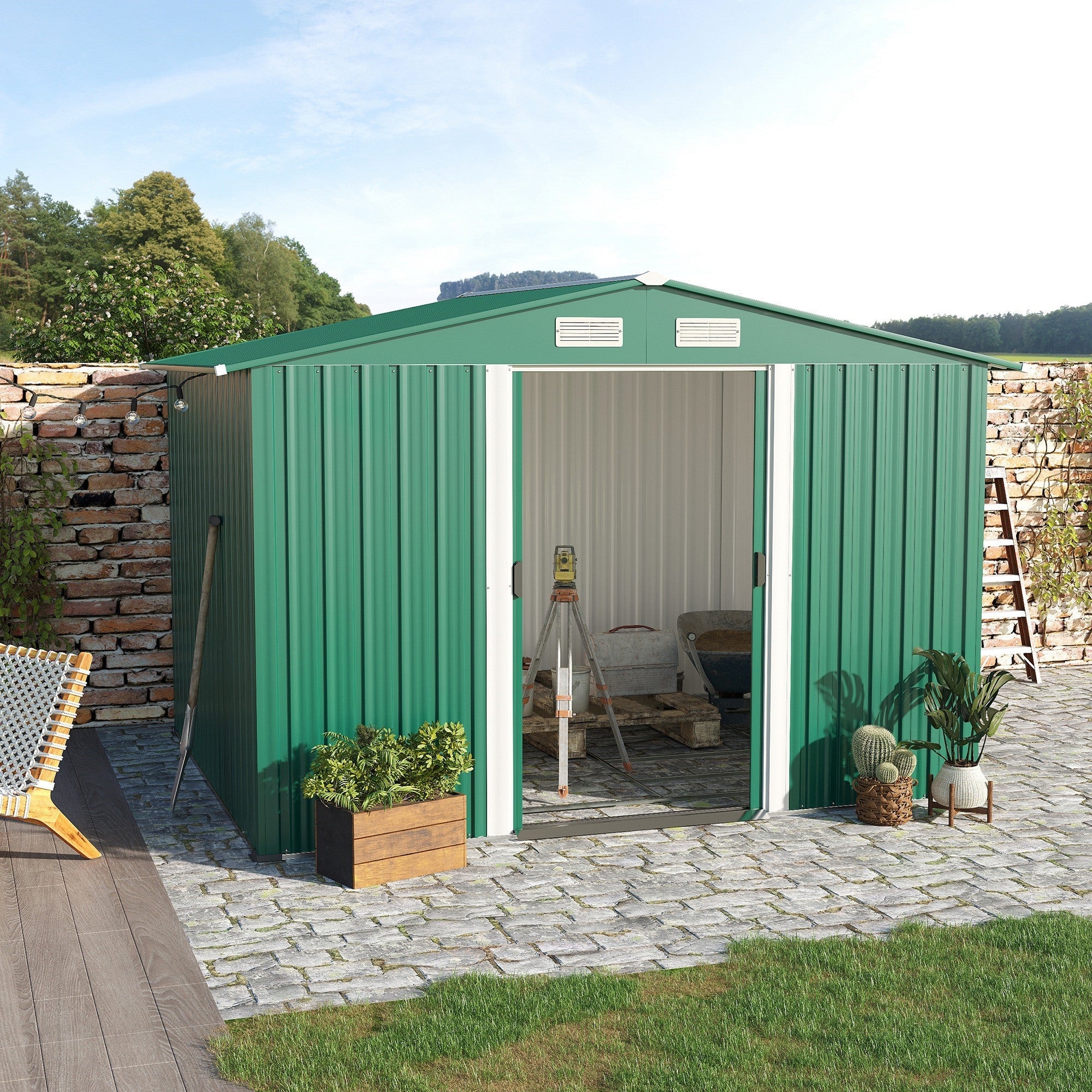 EasyComfort Casetta da Giardino Porta Utensili in Lamiera di Acciaio, Capanno da Giardino in Acciaio with Base e Porte Scorrevoli, 258x206x178cm, Verde